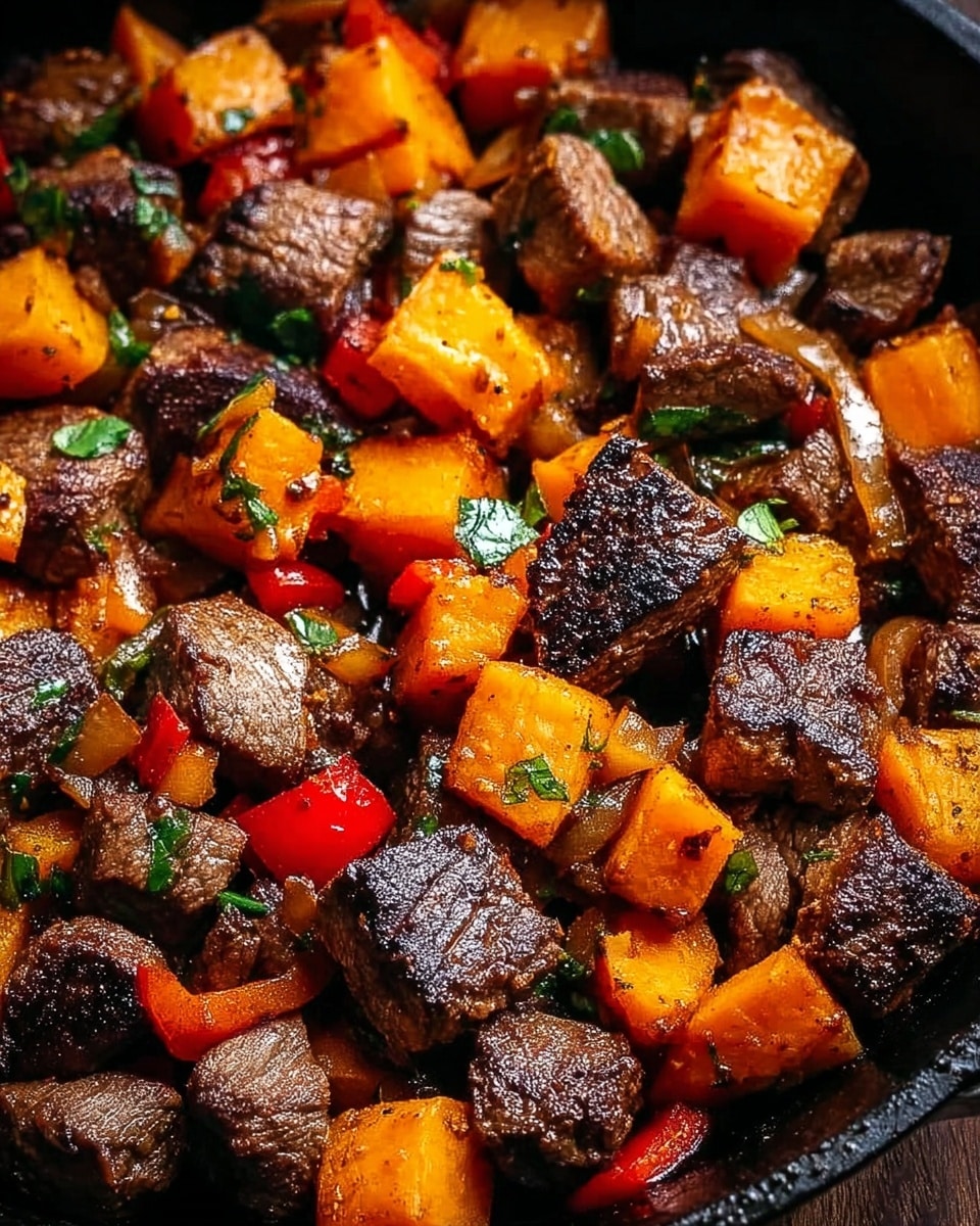 A white plate on a white marbled surface holds a dish with several colorful layers. The bottom layer consists of small, roasted orange cubes that look like sweet potatoes. On top, there are browned, crispy pieces of mushrooms and small pieces of roasted red peppers. Green chopped herbs are scattered over all the ingredients, adding freshness and contrast. A black fork rests on the plate's left side. In the background, there is a bit of a second plate, also white, showing more of the same dish. The photo taken with an iphone --ar 4:5 --v 7
