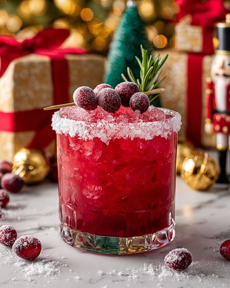 A short clear glass filled with a bright red ice-filled drink, with crushed ice visible inside. The rim of the glass is coated with coarse sugar crystals. On top, there is a skewer holding four sugar-coated red cranberries and a sprig of fresh green rosemary. One sugar-coated cranberry sits on a white marbled surface dusted with powdered sugar around the base of the glass. The background shows blurred Christmas lights, wrapped gifts with red ribbons, and a nutcracker figure, creating a festive atmosphere. Photo taken with an iphone --ar 4:5 --v 7