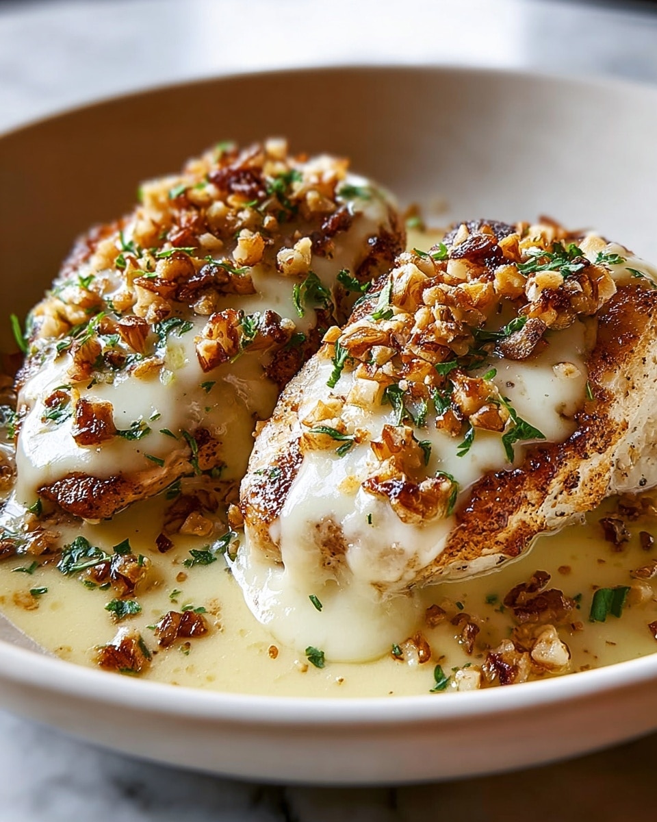 Two thick pieces of cooked chicken with a golden-brown crust form the bottom layer in a white shallow bowl. On top of each chicken piece is a layer of melted creamy white cheese, slightly gooey and soft. Scattered over the cheese are small, crunchy, golden bits that look like toasted nuts or fried onions, adding texture and color. Small green herb pieces are sprinkled all over, adding a fresh touch. A light, creamy sauce pools at the bottom, partly covering the chicken and reflecting light softly. The bowl rests on a white marbled surface. photo taken with an iphone --ar 4:5 --v 7
