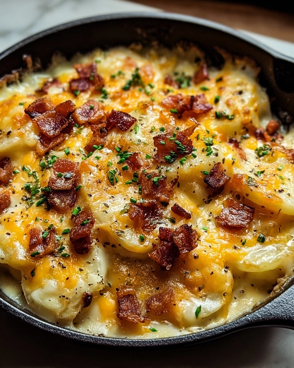 The image shows a close-up of a black skillet filled with creamy scalloped potatoes. The dish has several layers of sliced potatoes covered richly with melted yellow and white cheese, spotted with small black pepper specks. On top, small pieces of crispy browned bacon are scattered, along with finely chopped green herbs sprinkled evenly for a fresh color contrast. The potatoes look soft and tender, infused with cheesy sauce, and the edges of the cheese are well melted and slightly browned. The skillet sits on a white marbled surface. photo taken with an iphone --ar 4:5 --v 7