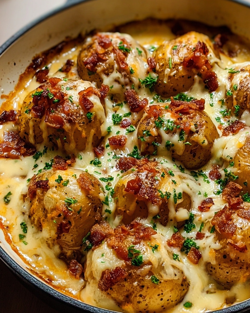 A round white pan filled with small whole potatoes topped with melted cheese and bits of crispy bacon. The potatoes have a golden brown color on top under the gooey, creamy melted cheese layer. Small green parsley pieces are sprinkled over the cheese and bacon, adding a fresh touch. The cheese and sauce pool slightly around the potatoes, creating a rich and creamy base. The white marbled surface is visible only at the edges of the pan. photo taken with an iphone --ar 4:5 --v 7