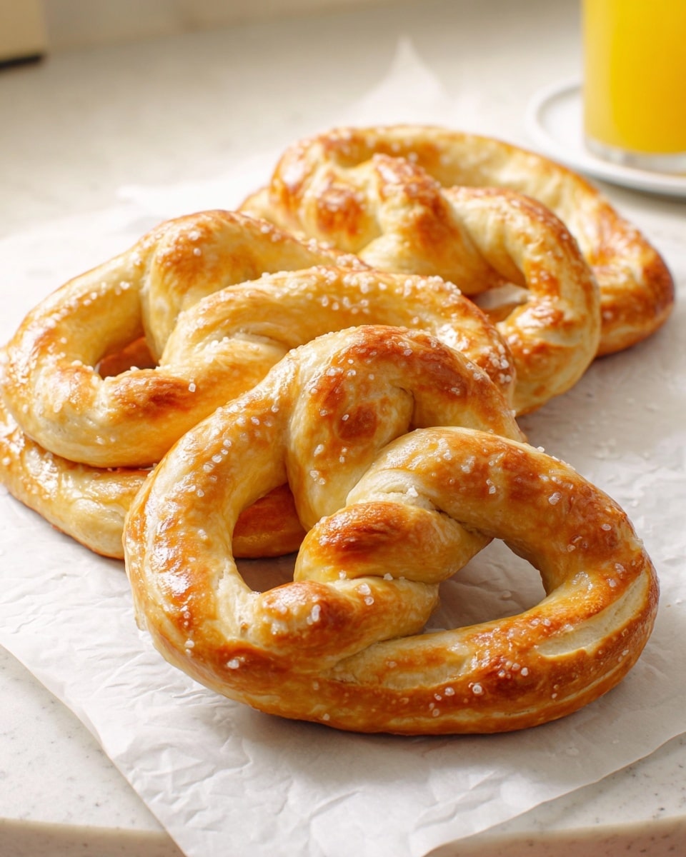 A close-up of four golden-brown pretzels with a shiny, smooth crust stacked on top of each other on white parchment paper. Each pretzel has a thick, twisted shape with a soft, slightly bumpy texture and light sprinkling of coarse salt. They rest on a white marbled countertop, with part of a white plate visible at the right edge and a yellow drink blurred in the background. The scene is softly lit, showing the warm, fresh-baked look of the pretzels. photo taken with an iphone --ar 4:5 --v 7