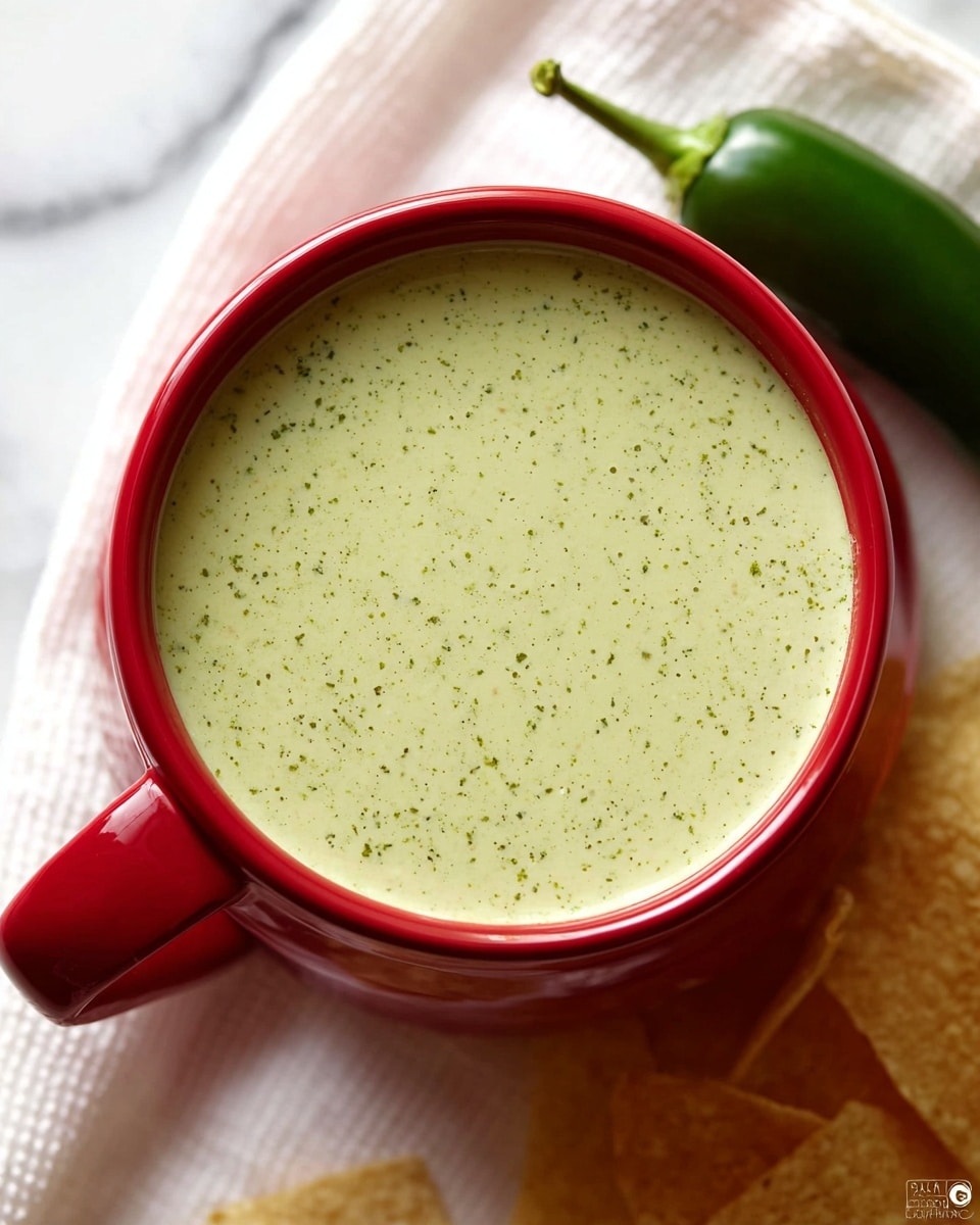 A creamy light green dip fills a small, round red pot with two handles. The dip’s smooth surface has tiny green specks, showing herbs or spices mixed inside. The pot sits on a white cloth placed on a white marbled surface. To the right, a large white bowl holds pale yellowish tortilla chips, some standing upright. One chip lays near the pot on the white cloth. In the background to the left, there are some fresh green jalapeños and leaves slightly out of focus. Photo taken with an iphone --ar 4:5 --v 7
