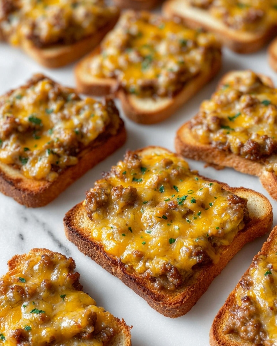 The image shows several pieces of lightly toasted bread, each topped with a thick layer of cooked ground sausage mixed with melted yellow cheddar cheese. The sausage and cheese layer is textured and bubbly with browned spots, and lightly sprinkled with small bits of green herbs. The toast pieces are placed closely on a white marbled surface, filling the frame with a warm golden and brown color palette. Photo taken with an iphone --ar 4:5 --v 7