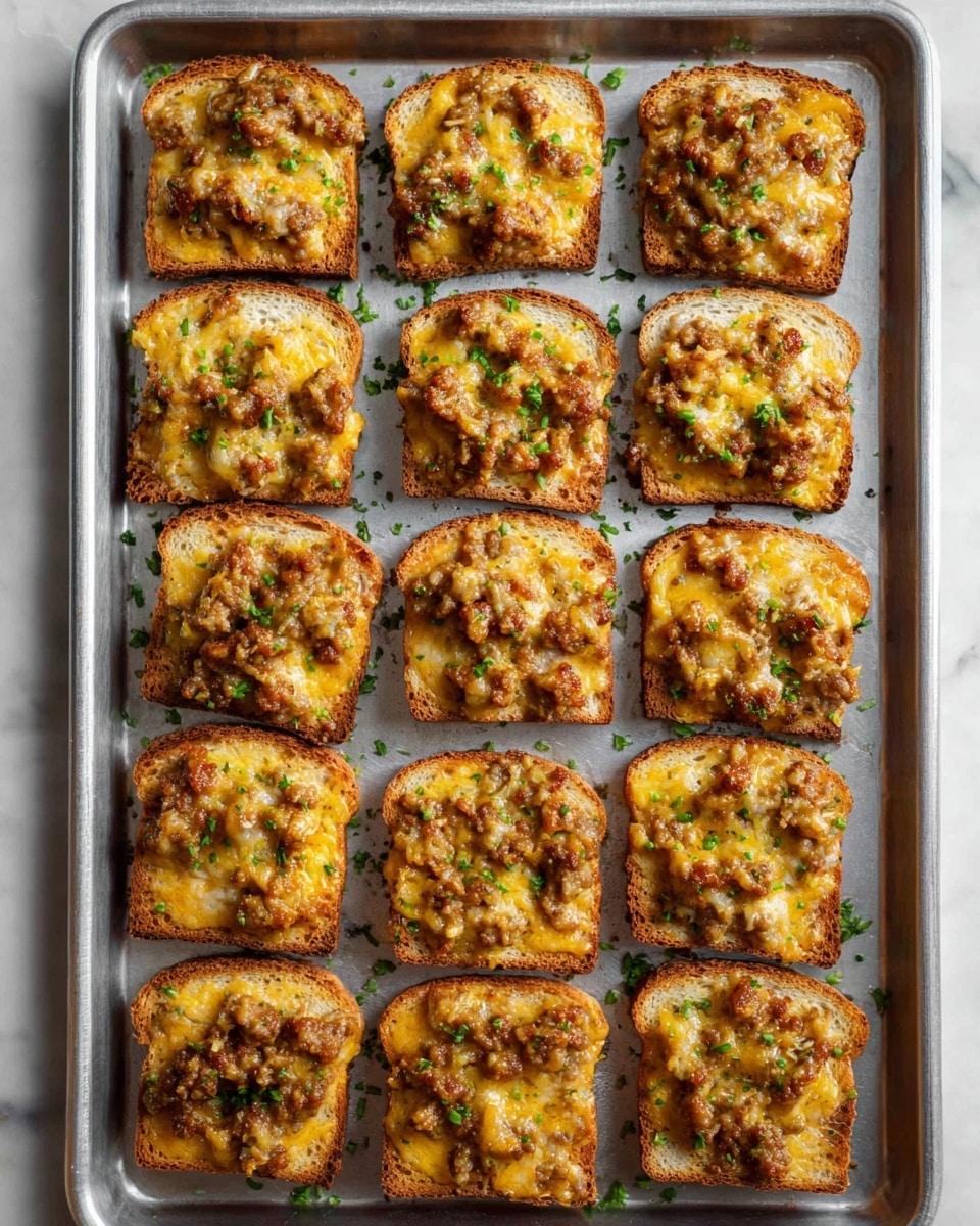 The image shows a metal baking tray with sixteen pieces of toasted bread arranged in a 4x4 grid. Each bread slice is topped with a thick layer of golden melted cheese mixed with browned sausage bits, creating a textured, bubbly, and slightly crispy surface. Small green herb bits are sprinkled over each piece and around the tray for color contrast. The tray rests on a white marbled surface, adding a clean, bright background to the warm tones of the toast. photo taken with an iphone --ar 4:5 --v 7