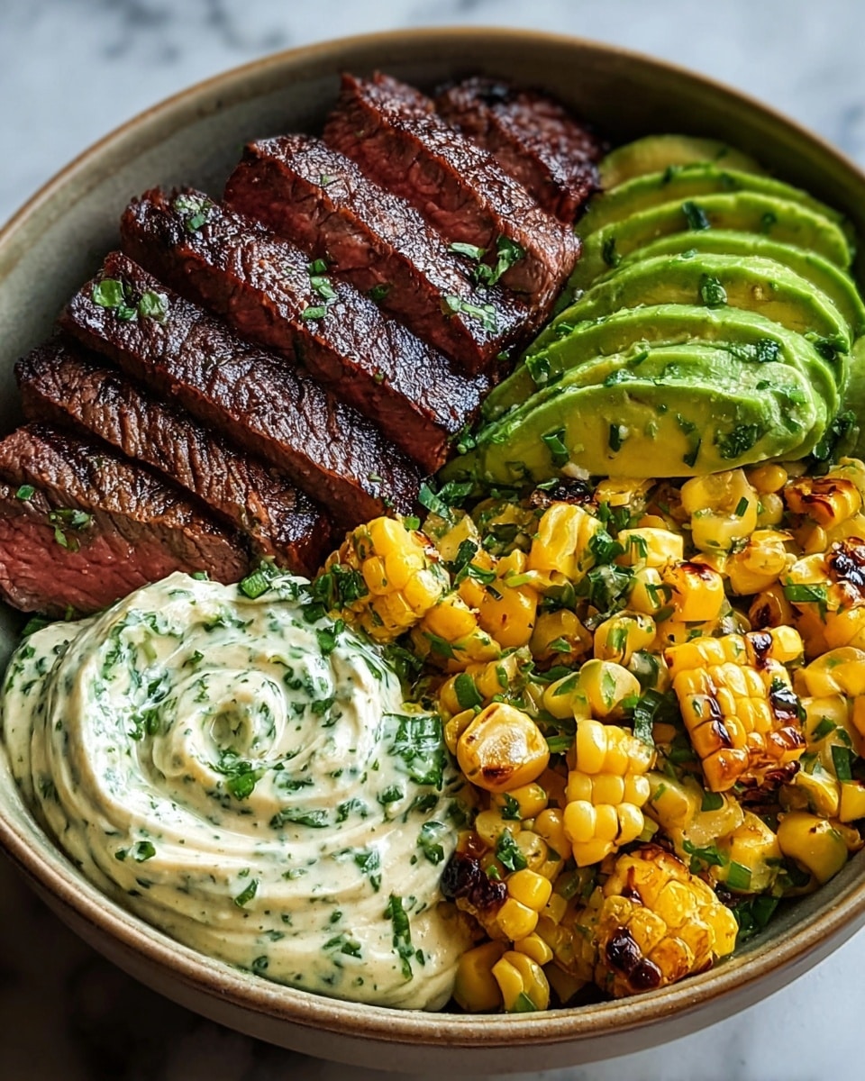 A white bowl filled with three main layers: on the left, several slices of medium-rare steak with a dark, charred crust and a pink inside arranged in a row; in the middle, bright yellow grilled corn kernels mixed with green herbs, giving a fresh look; and on the right, a creamy, thick green sauce with visible bits of herbs spread on top, creating a textured surface. The bowl sits on a white marbled surface, showing close-up details of the food's colors and textures. photo taken with an iphone --ar 4:5 --v 7