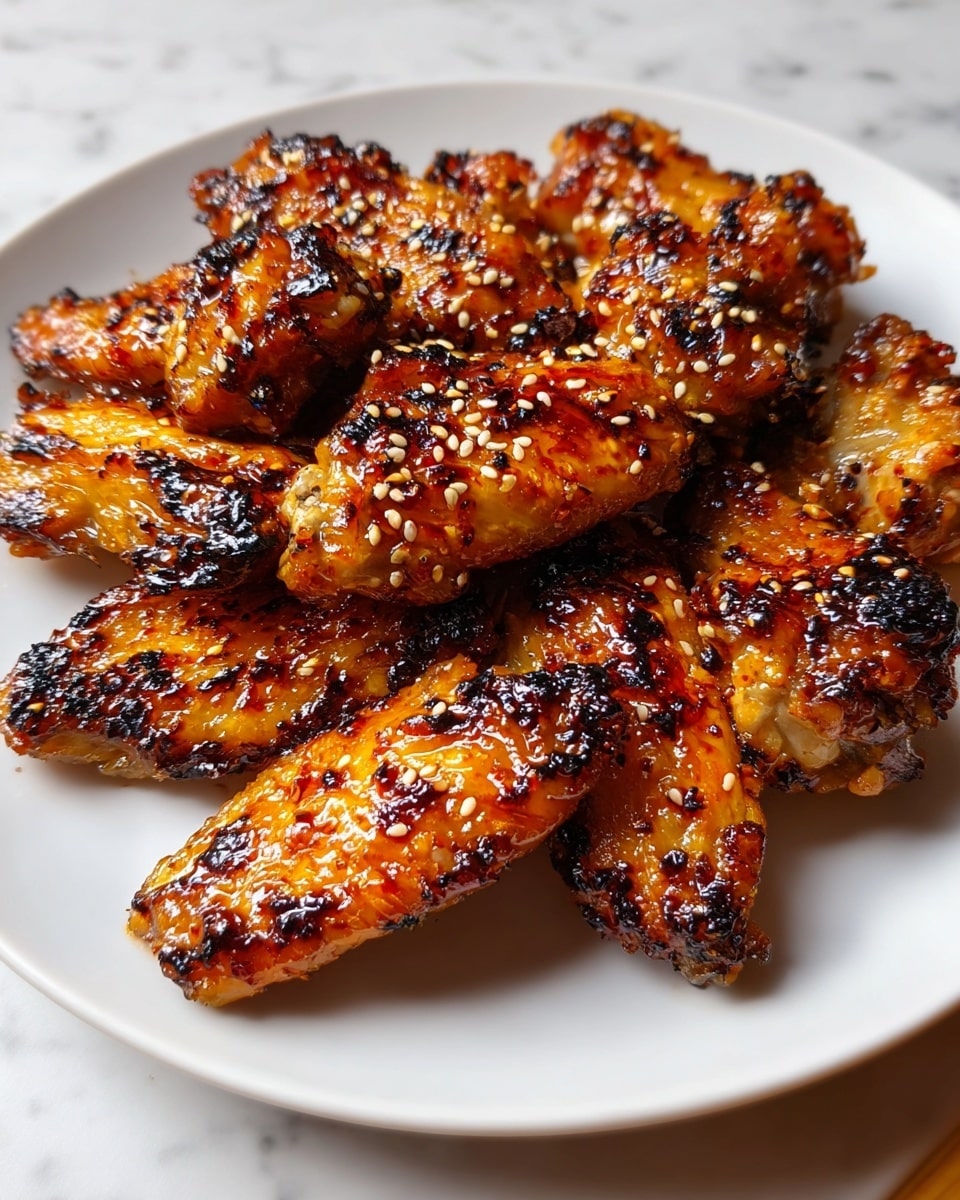A white plate holds around eight grilled chicken wings arranged in a loose pile. Each wing is richly coated with a sticky, shiny glaze that reflects the light, showing orange and golden brown colors. The surface of the wings is charred in spots with dark, crispy bits giving a textured look, while sesame seeds are scattered over the wings adding small white and black specks. The background is a white marbled texture, and the chicken wings appear juicy and well-cooked with a slight caramelized shine. photo taken with an iphone --ar 4:5 --v 7