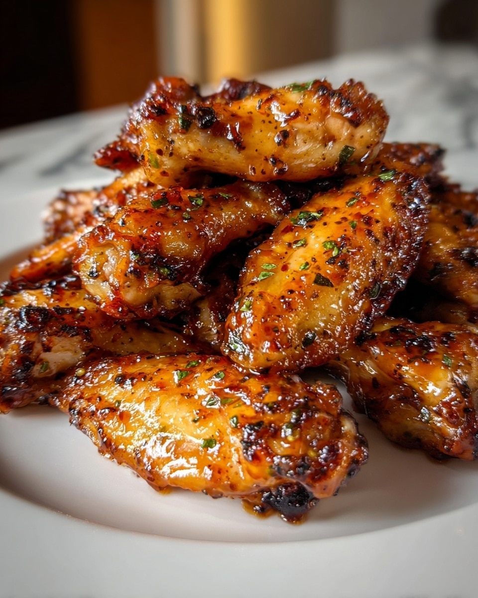 A close-up view of a white plate piled high with golden brown chicken wings covered in a shiny, sticky glaze with visible herbs and small black pepper-like specks, giving them a textured, slightly charred look. The wings are stacked in an irregular heap, showing crispy edges and juicy, well-cooked meat with a glossy surface reflecting light. The background is softly blurred with a warm, indoor kitchen feel and a white marbled texture underneath the plate. photo taken with an iphone --ar 4:5 --v 7