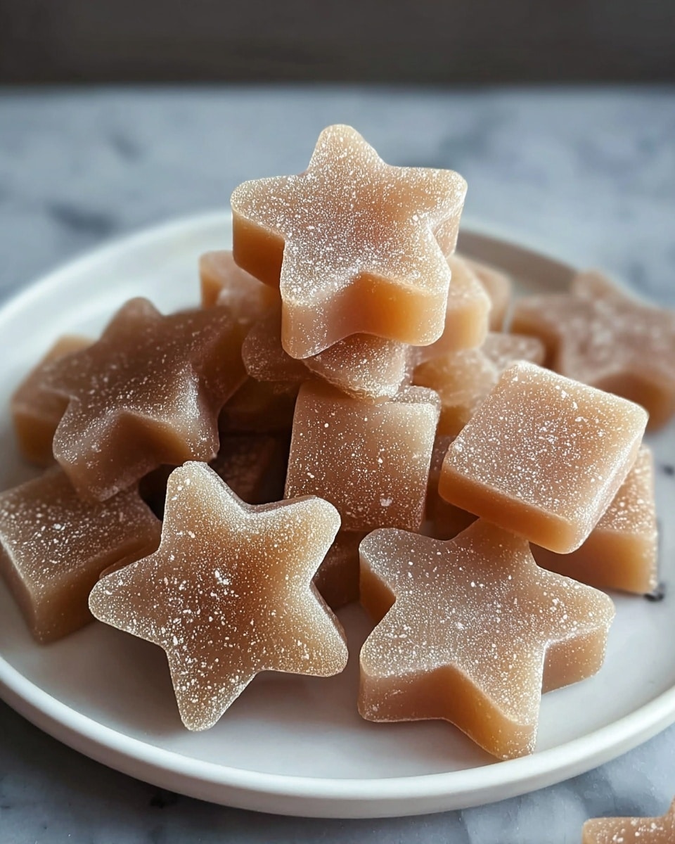 A white plate filled with soft jelly candies in two shapes: stars and squares. The candies have a light brown color with a translucent, slightly frosted texture, showing tiny bubbles inside. The star-shaped jellies are stacked on top, with some overlapping the square ones beneath them. The background shows a soft, white marbled surface. photo taken with an iphone --ar 4:5 --v 7