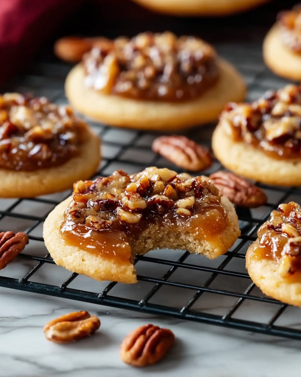 The image shows soft, round cookies on a black wire rack over a white marbled surface. Each cookie has two layers: the base layer is light golden and slightly crumbly, while the top layer is sticky with a glossy, caramel-like sauce mixed with small chopped pecans that give a textured and nutty look. One cookie in the front has a bite taken out, showing its soft, dense inside. Loose pecans are scattered around on the surface. The overall look is warm and inviting, with the cookies arranged casually. Photo taken with an iphone --ar 4:5 --v 7