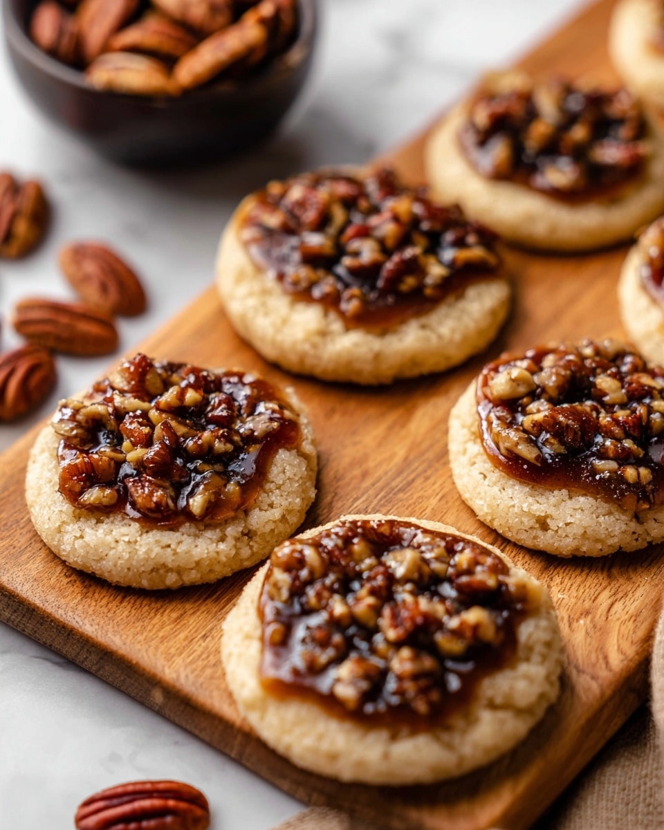 The image shows six round cookies arranged on a wooden board over a white marbled surface. Each cookie has two layers: the bottom layer is a soft, light beige cookie with a slightly bumpy texture, and the top layer is a glossy mixture of chopped pecans in dark brown sticky caramel sauce filling the center. Around the wooden board, a few whole pecans are scattered. In the background, there is a small dark bowl filled with whole pecans, slightly out of focus. Photo taken with an iphone --ar 4:5 --v 7