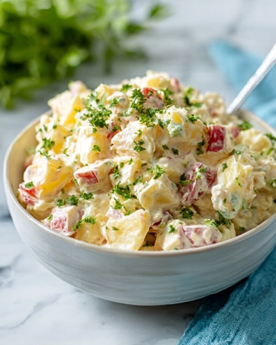 The image shows a close-up of a white bowl filled with creamy potato salad placed on a white marbled surface. The salad has several layers, starting with large chunks of pale yellow potatoes coated in a creamy, light dressing that gives a smooth texture. Mixed in are small pieces of red-skinned potato, adding a touch of color. On top, there are finely chopped green herbs spread evenly, giving a fresh look. The background is softly blurred with hints of green, suggesting fresh ingredients nearby. photo taken with an iphone --ar 4:5 --v 7