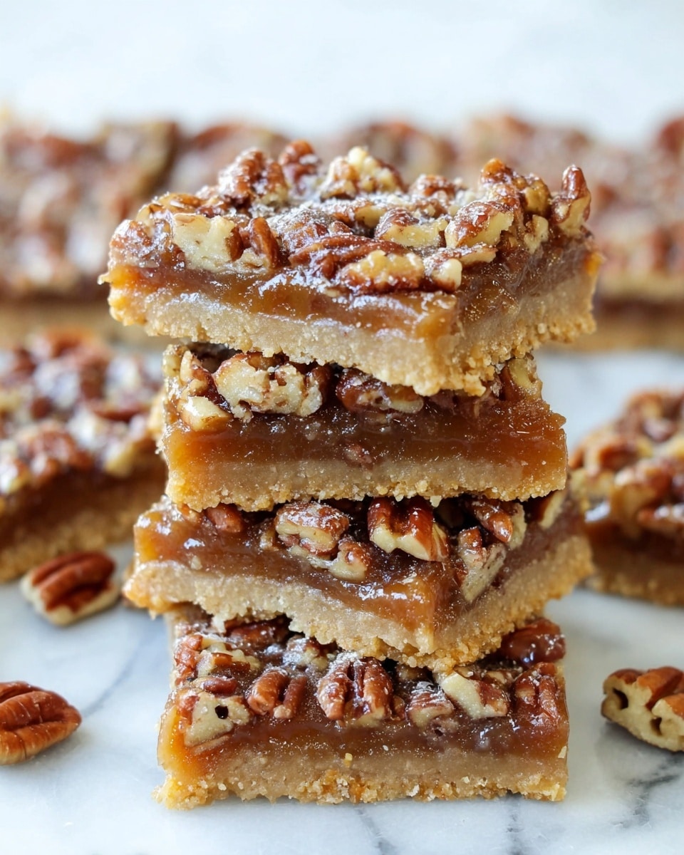 A stack of four square pecan bars is shown close-up, each bar with three visible layers: a light golden brown crumbly base, a sticky caramel-like middle layer, and a top layer covered with chopped pecans in various shades of brown and tan. Surrounding the stack, more pecan bars lie flat on a white marbled surface, with a few pecan pieces scattered around. The texture of the pecans is crunchy and glossy from the glaze, while the base looks soft but firm. Photo taken with an iphone --ar 4:5 --v 7