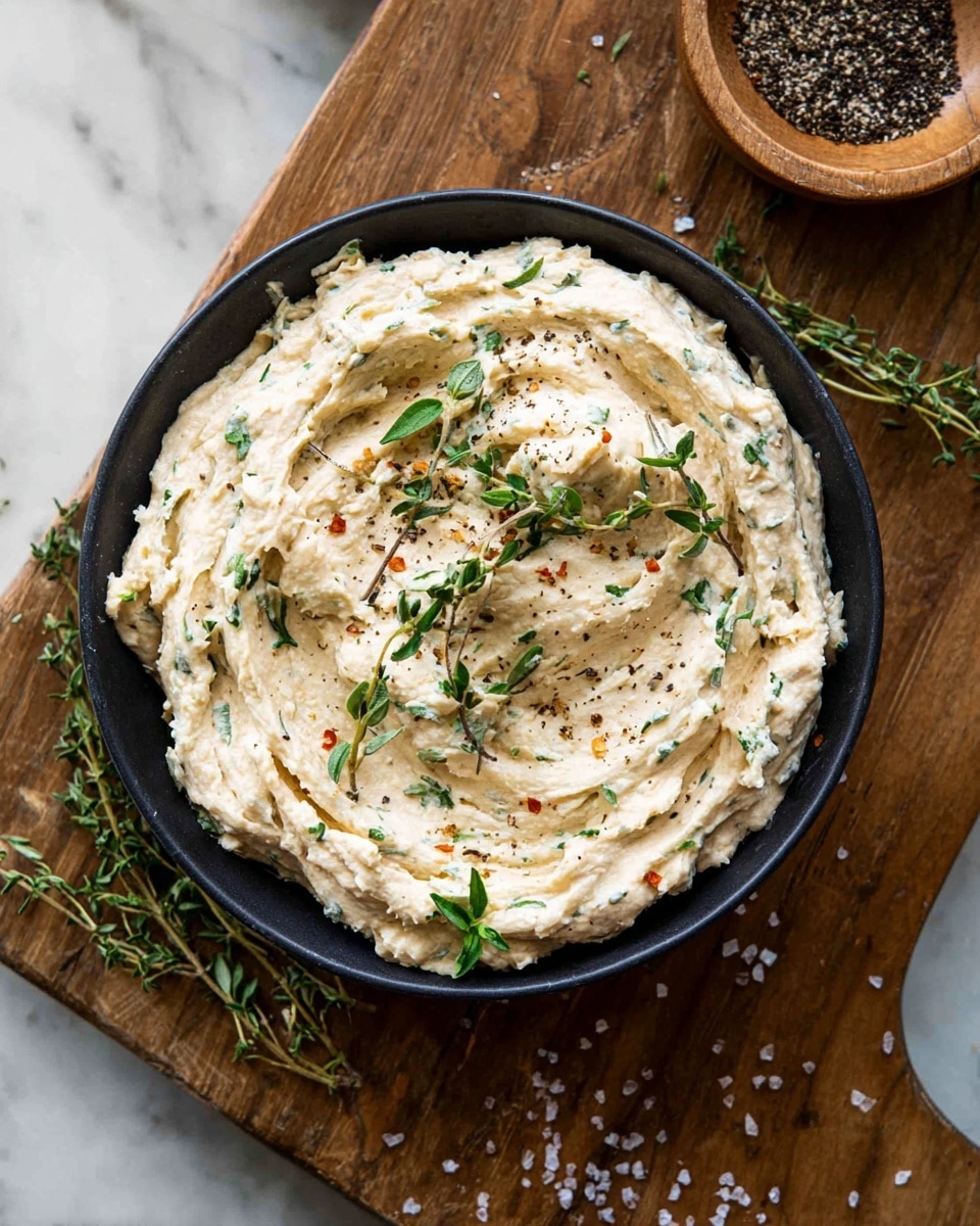 A round black bowl filled with a thick, creamy spread that has a light beige base with small green herb flecks and red specks mixed throughout. The spread is swirled with peaks and valleys, topped with fresh green herb sprigs and scattered black pepper. The bowl sits on a wooden cutting board with some loose herb leaves and coarse salt grains around it. In the top corner, a small wooden bowl contains cracked pepper. The scene is set on a white marbled surface. photo taken with an iphone --ar 4:5 --v 7