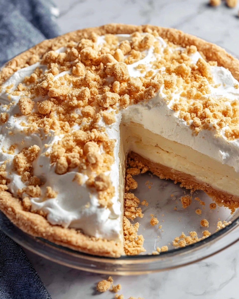 A pie with three clear layers sits in a glass pie dish on a white marbled surface. The bottom layer shows a pale, smooth crust with a firm texture, followed by a thick, light cream layer in the middle that looks soft and dense. The top layer is fluffy white whipped cream, covered with chunky, golden brown crumbles scattered unevenly across its surface. The pie has one slice removed, showing the layers well, and there are some crumbs in the dish and on the white marbled surface around it. photo taken with an iphone --ar 4:5 --v 7