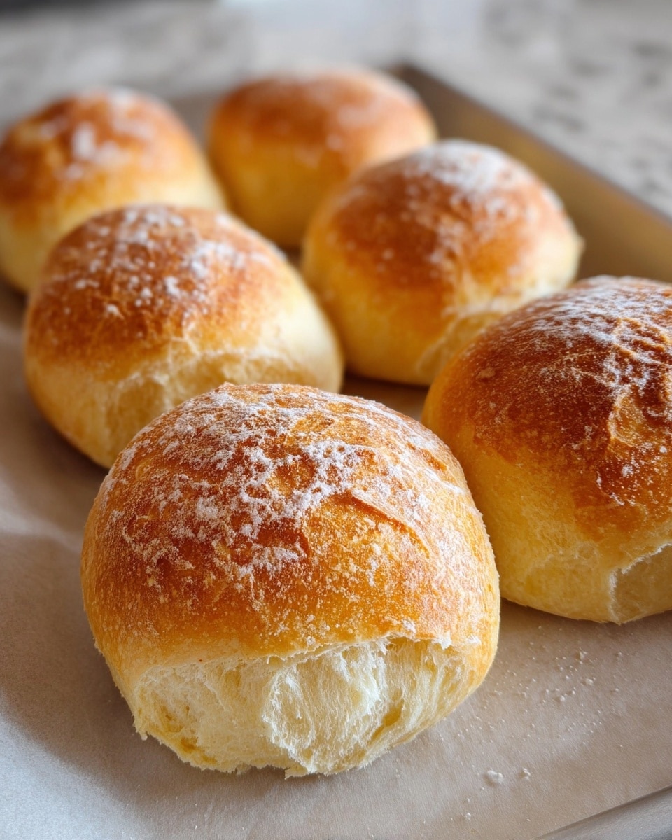 The image shows a close-up of six golden brown dinner rolls arranged in two rows on a white baking sheet lined with parchment paper. Each roll has a crispy, slightly cracked top dusted with white flour, revealing a soft and fluffy interior beneath the crust. The texture on the tops looks slightly rough, and the warm light highlights the contrast between the golden crust and the pale, soft bread inside. The background is softly blurred with a white marbled texture underneath the baking sheet. photo taken with an iphone --ar 4:5 --v 7
