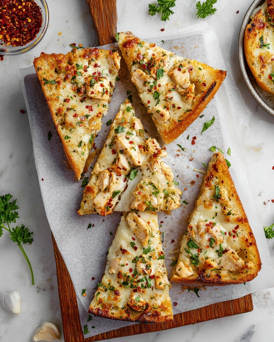 The image shows five slices of bread pizza on a wooden board lined with white parchment paper. Each slice has three visible layers: a light golden-brown crust base, a creamy white sauce mixed with herbs and small bits of chicken, and a top layer of melted, bubbly white cheese with light golden spots. The pizza slices are garnished with small green herb pieces and red chili flakes scattered on the cheese. Around the board, there are small green herbs, a small white bowl with a green herb sauce, and a small white bowl with red chili flakes. All items are placed on a white marbled surface. Photo taken with an iphone --ar 4:5 --v 7