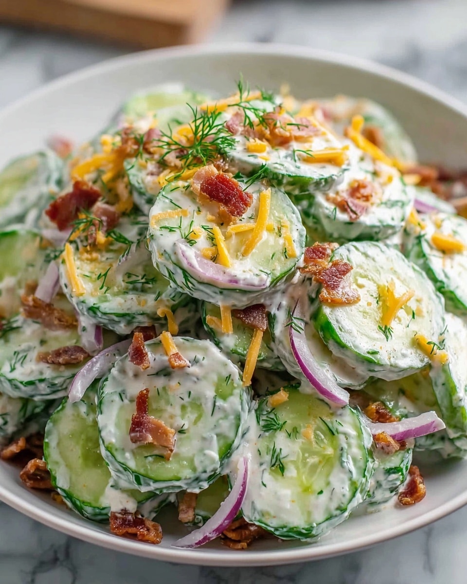The image shows a white bowl filled with a creamy cucumber salad. The salad has many thin, round slices of green cucumber layered with light purple onion slices, all covered in a white creamy dressing mixed with small green dill leaves. On top, there are small, crispy pieces of brown bacon and some grated yellow cheese scattered all over. The bowl is placed on a white marbled surface, and the photo is close up, showing the fresh and fresh textures of the ingredients clearly. photo taken with an iphone --ar 4:5 --v 7
