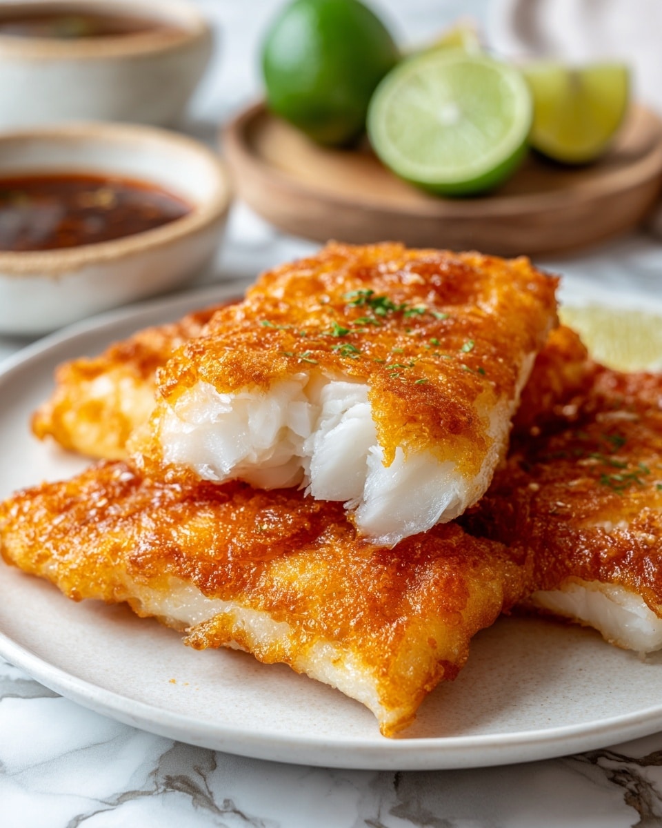 A white plate holds several pieces of fried fish with a golden-brown crispy outer layer, showing a rough texture that contrasts with the soft, white, flaky fish inside. The front piece is torn open, revealing moist and tender white layers beneath the crunchy coating. The background is slightly blurred, featuring hints of lime halves and a small bowl with a brown sauce, all set on a white marbled surface. The warm lighting enhances the crispy texture of the fried fish, making it look fresh and appetizing. Photo taken with an iphone --ar 4:5 --v 7