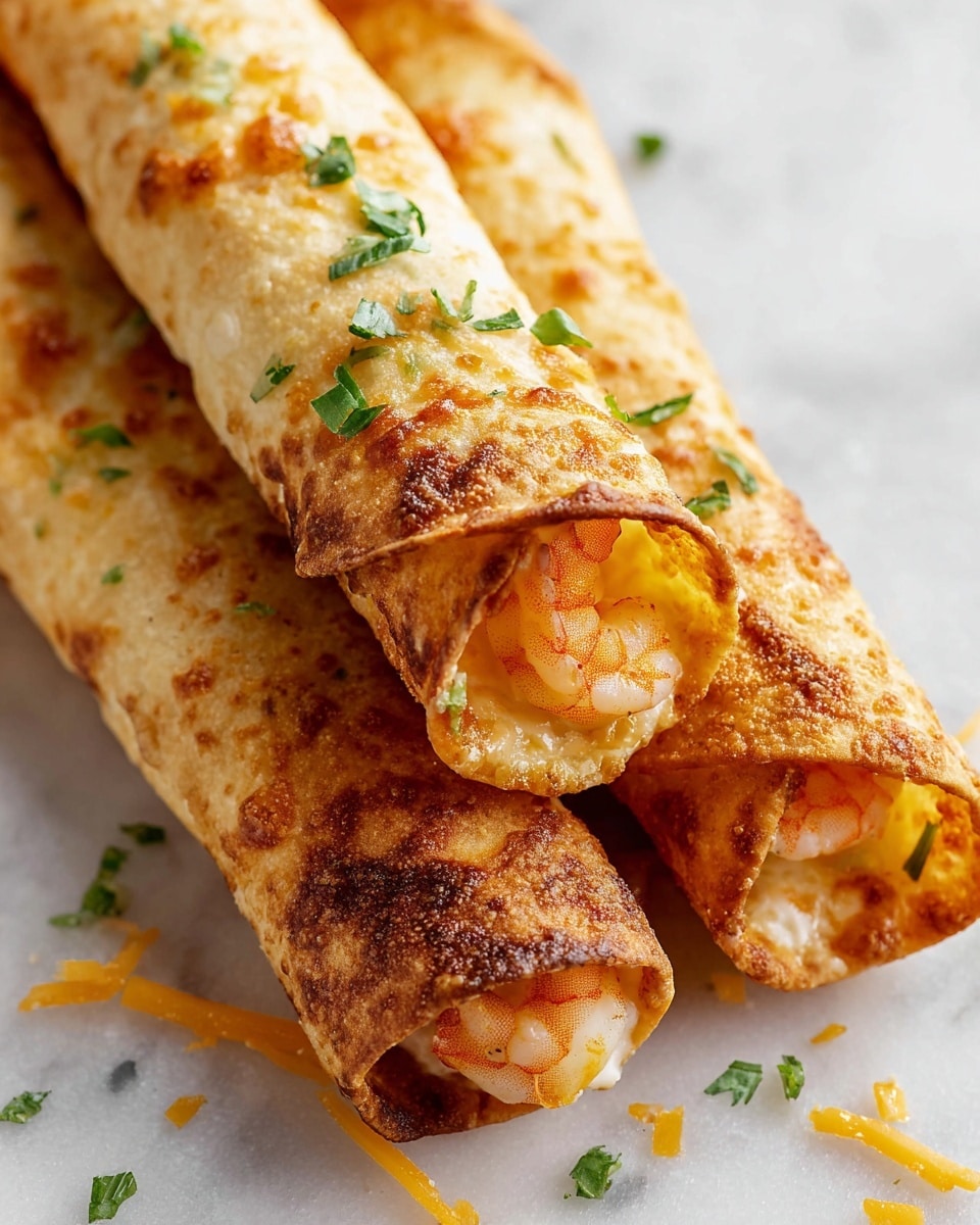 Three rolled, golden-brown taquitos sit close together on a white marbled surface. The crispy outer shells show a textured, bubbly surface with darker, well-cooked edges. Inside, a filling of creamy orange cheese and pieces of shrimp can be seen peeking out from the ends of the taquitos. Small green herbs are sprinkled lightly across the tops, adding a fresh touch, while thin bits of cheddar cheese and herbs are scattered on the marble below. The taquitos are stacked naturally, showing their crispy shell layers wrapping tightly around the shrimp and cheese filling. Photo taken with an iphone --ar 4:5 --v 7