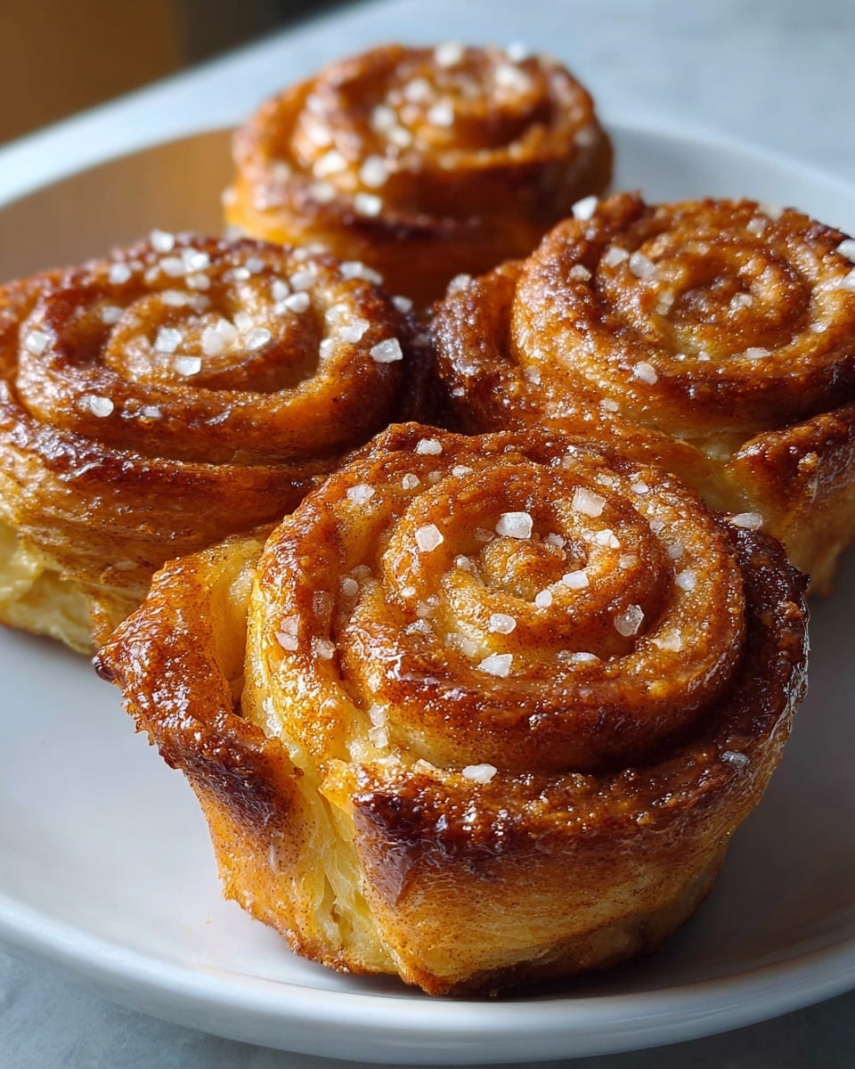Four cinnamon rolls are arranged closely on a white plate, each shaped like a rose with multiple layers of dough spiraled tightly. The rolls have a golden-brown outer crust with darker cinnamon sugar speckles, topped with glistening coarse sugar crystals. The texture looks flaky and soft inside, with the dough layers slightly separated and airy. The white plate sits on a white marbled surface, and the image has warm natural lighting that highlights the shiny sugar and the crisp, caramelized edges. Photo taken with an iphone --ar 4:5 --v 7