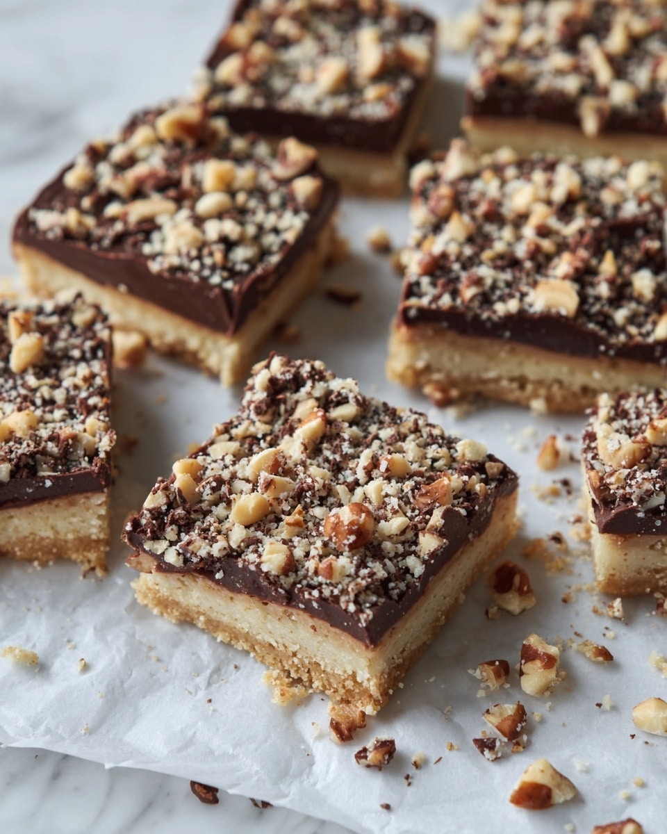 The image shows several square dessert bars arranged on a white marbled surface with a piece of white parchment paper beneath them. Each bar has three visible layers: the bottom layer is a light beige, crumbly crust; the middle layer is a smooth, slightly darker beige filling; and the top layer is a rich, dark chocolate coating sprinkled generously with chopped nuts and bits of chocolate, giving it a textured and chunky look. Small crumbs and nut pieces are scattered around the bars, enhancing the homemade, rustic feel of the scene. photo taken with an iphone --ar 4:5 --v 7