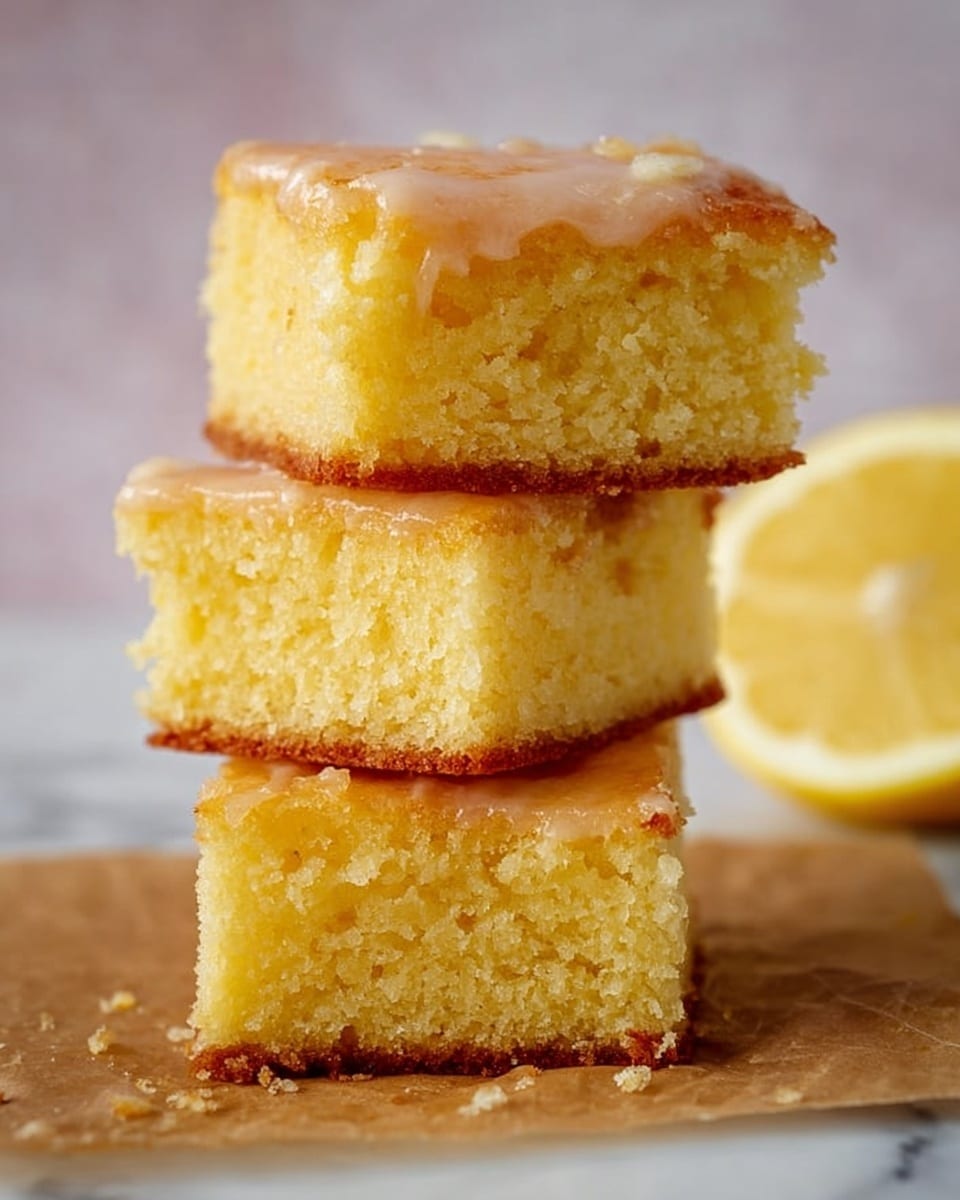 The image shows a stack of three square pieces of yellow cake with a light brown glaze on top, each piece thick and crumbly with a soft texture. The bottom piece sits on a piece of brown parchment paper, and the stack is centered against a white marbled background. A lemon half is slightly blurred in the background on the right side, adding a hint of bright yellow. The cake layers are all the same size, with a moist and slightly dense crumb visible. photo taken with an iphone --ar 4:5 --v 7