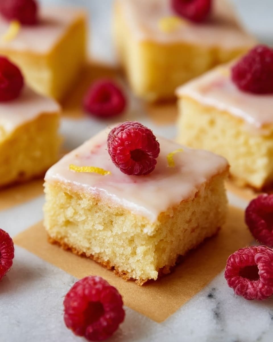 The image shows several square pieces of yellow cake with a smooth, light pinkish glaze layer on top, each piece topped with a single bright red raspberry. The cake layers look moist and crumbly, around one inch thick, and the glaze has a slightly shiny texture with small bits that hint at lemon zest. The pieces are placed on small squares of light brown parchment paper, scattered on a white marbled surface, with extra raspberries around them adding a pop of color. Photo taken with an iphone --ar 4:5 --v 7