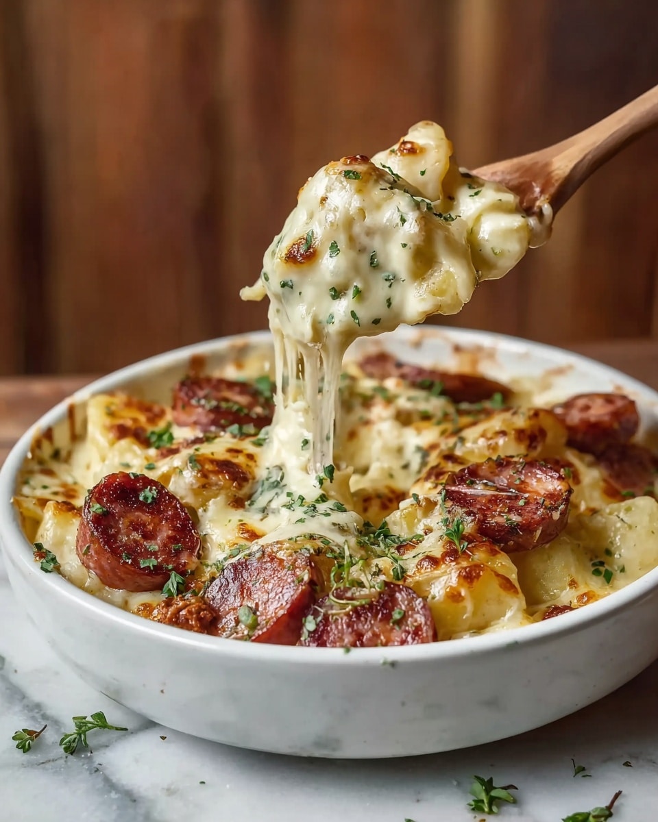 A white bowl filled with a creamy dish made of several layers: the bottom layer has soft, round yellow ravioli with slightly wrinkled edges, covered with a thick white sauce. On top of the ravioli, there are thick slices of browned sausage with a slightly crispy texture and deep reddish-brown color. The dish is garnished with finely chopped green herbs scattered evenly over the sauce and sausage, with visible black pepper flakes adding specks of dark contrast. The entire bowl sits on a white marbled surface next to a silver fork and a grey napkin. Photo taken with an iphone --ar 4:5 --v 7