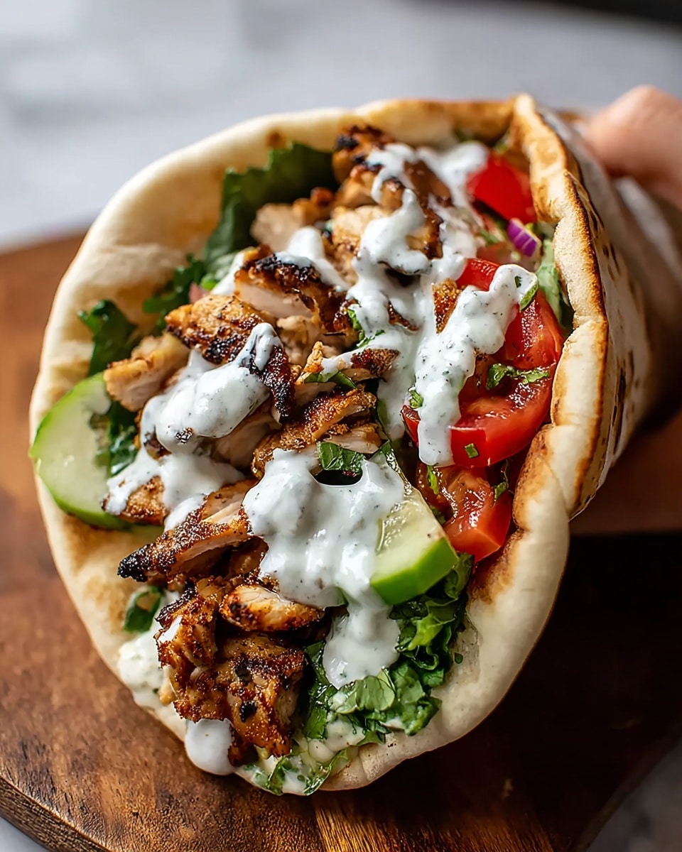 A pita wrap filled with three main layers: the base layer consists of grilled chicken pieces that are brown and slightly charred, providing a textured, meaty appearance; on top of the chicken, there is a white creamy sauce drizzled generously, creating smooth, flowing contrasts; beside the chicken and sauce, fresh vegetable pieces like green cucumber slices, chopped red tomatoes, and chopped leafy greens add vibrant colors and a crisp texture; the pita bread is light beige, thick, soft, and slightly browned, folded around the filling to hold everything together; the wrap is placed on a wooden board, with a blurred white marbled texture background, and a woman's hand is gently holding it from behind. Photo taken with an iphone --ar 4:5 --v 7
