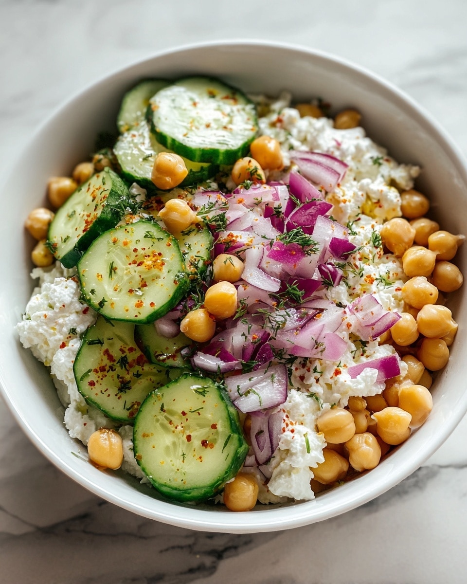 A white bowl filled with a fresh salad showing three main layers: the bottom layer is white creamy cottage cheese with a soft texture; on top of it, smooth, light brown chickpeas are scattered evenly; the upper layer includes bright green cucumber slices with a slightly wet look and pieces of purple-red onion, all sprinkled lightly with green herbs and tiny red spices. The bowl sits on a white marbled surface. photo taken with an iphone --ar 4:5 --v 7