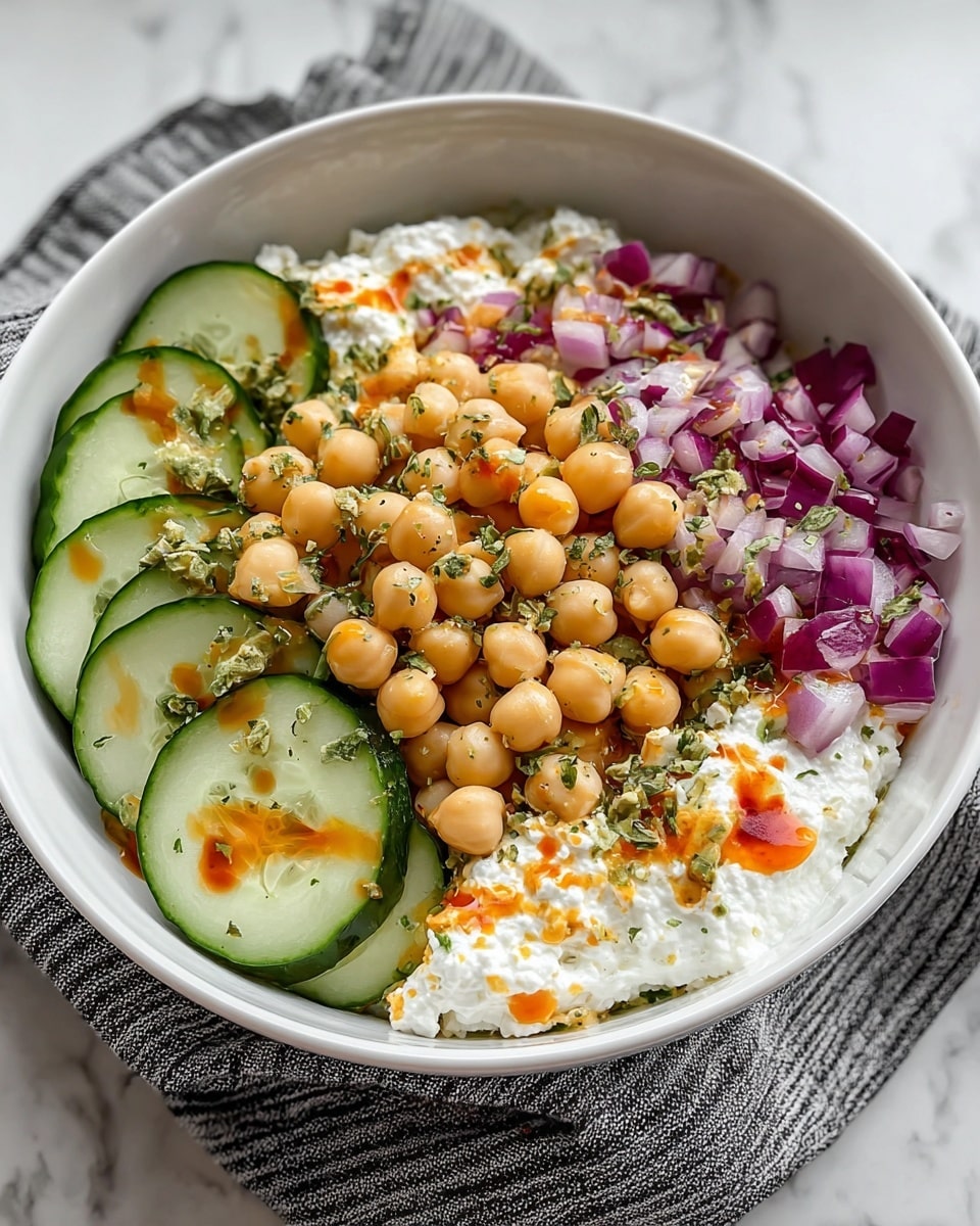 A white bowl filled with a layered salad. The bottom layer is thick white cottage cheese spread evenly in the bowl. On top of the cheese, there are round, light beige chickpeas placed mostly in the center. Around the chickpeas, bright green cucumber slices with dark green skin form a circle on one side. On the opposite side, there are small pieces of reddish-purple chopped onions. Tiny green herb bits and a drizzle of reddish-orange sauce are scattered over the cottage cheese and chickpeas. The bowl is placed on a gray-striped cloth, set on a white marbled surface. photo taken with an iphone --ar 4:5 --v 7