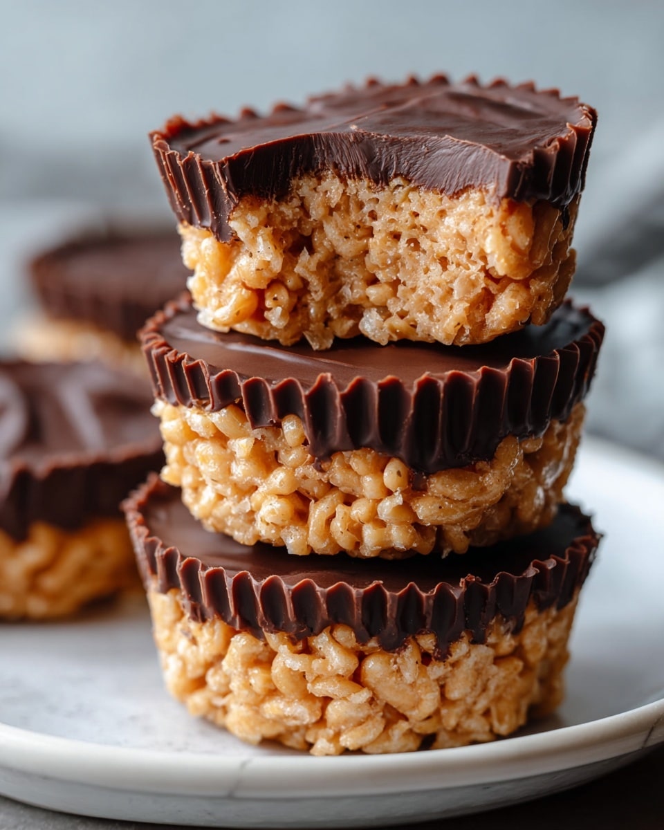 The image shows a stack of three peanut butter and chocolate rice crispy treats on a white plate with a white marbled texture in the background. Each treat has two layers: the bottom layer is golden, sticky rice crispy cereal mixed with peanut butter, with a rough and uneven texture, while the top layer is smooth and thick dark chocolate covering the rice crispy base, with slight ridges around the edges from the cupcake liner. The top treat has a bite taken from it, revealing the peanut butter rice crispy layer inside. The focus is sharp on the stack, making the textures of both layers clear and detailed. Photo taken with an iphone --ar 4:5 --v 7