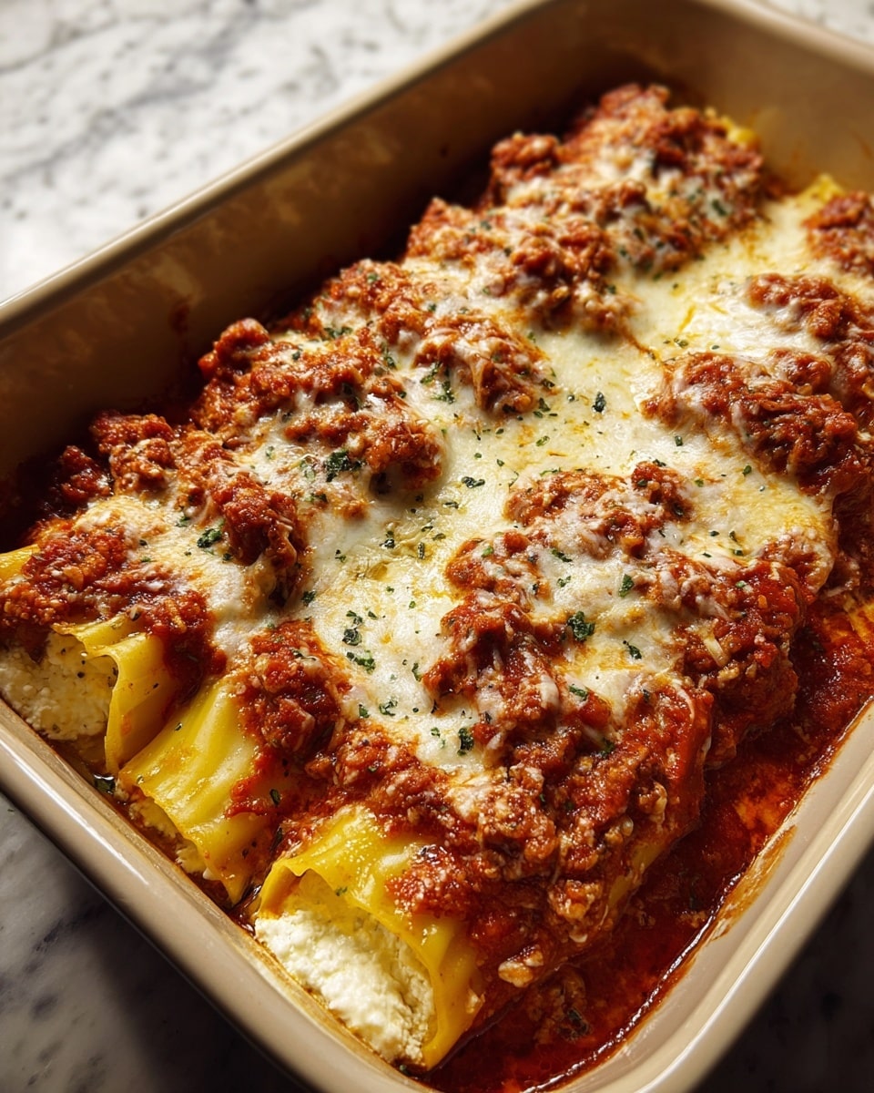 A beige baking dish holds four large rolled pasta pieces filled with a creamy white cheese mixture, visible where an end is slightly open. The pasta is covered with a thick, chunky red meat sauce mixed with ground beef, spread thickly over the top. There is a layer of melted, bubbly cheese, golden and slightly browned in spots, covering the meat sauce. Small sprinkles of green herbs are scattered on the cheese layer. The dish sits on a white marbled surface, with the close-up showing texture and rich colors clearly. photo taken with an iphone --ar 4:5 --v 7