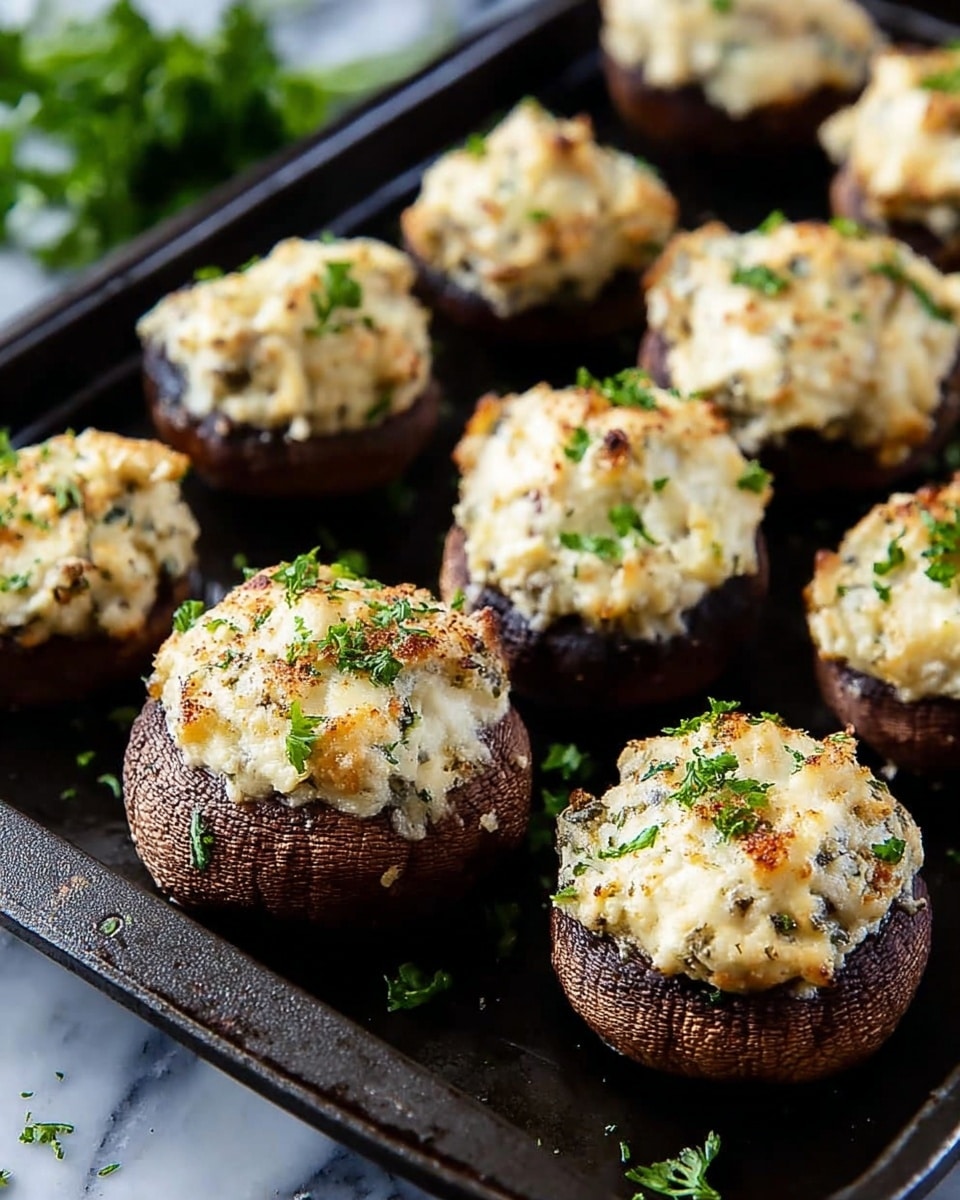 The image shows a close-up of eight stuffed mushrooms arranged on a black baking tray. Each mushroom has a thick, dark brown base with a textured surface and is topped with a creamy white filling that is slightly browned on top, showing tiny bits of herbs and browned edges. The filling is generous, unevenly spread, and topped with small sprinkled green parsley pieces. The tray is placed on a white marbled surface, and more chopped parsley is scattered around the mushrooms, adding a fresh touch. The scene is lit with natural light, highlighting the soft texture of the topping and the rough mushroom surface. photo taken with an iphone --ar 4:5 --v 7