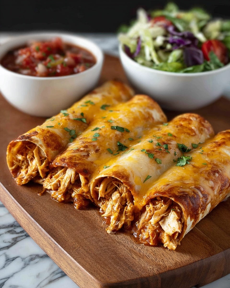 Five shiny golden-brown rolled enchiladas sit stacked on a wooden board, filled with shredded chicken mixed in a rich reddish sauce visible at the open ends, topped with melted cheddar cheese and small green herb bits scattered across. Behind them, two white bowls hold sides: one with chunky red salsa showing bits of tomato and onion, and the other with a fresh green salad mixed with red and purple vegetable pieces. The background has a white marbled texture. Photo taken with an iphone --ar 4:5 --v 7