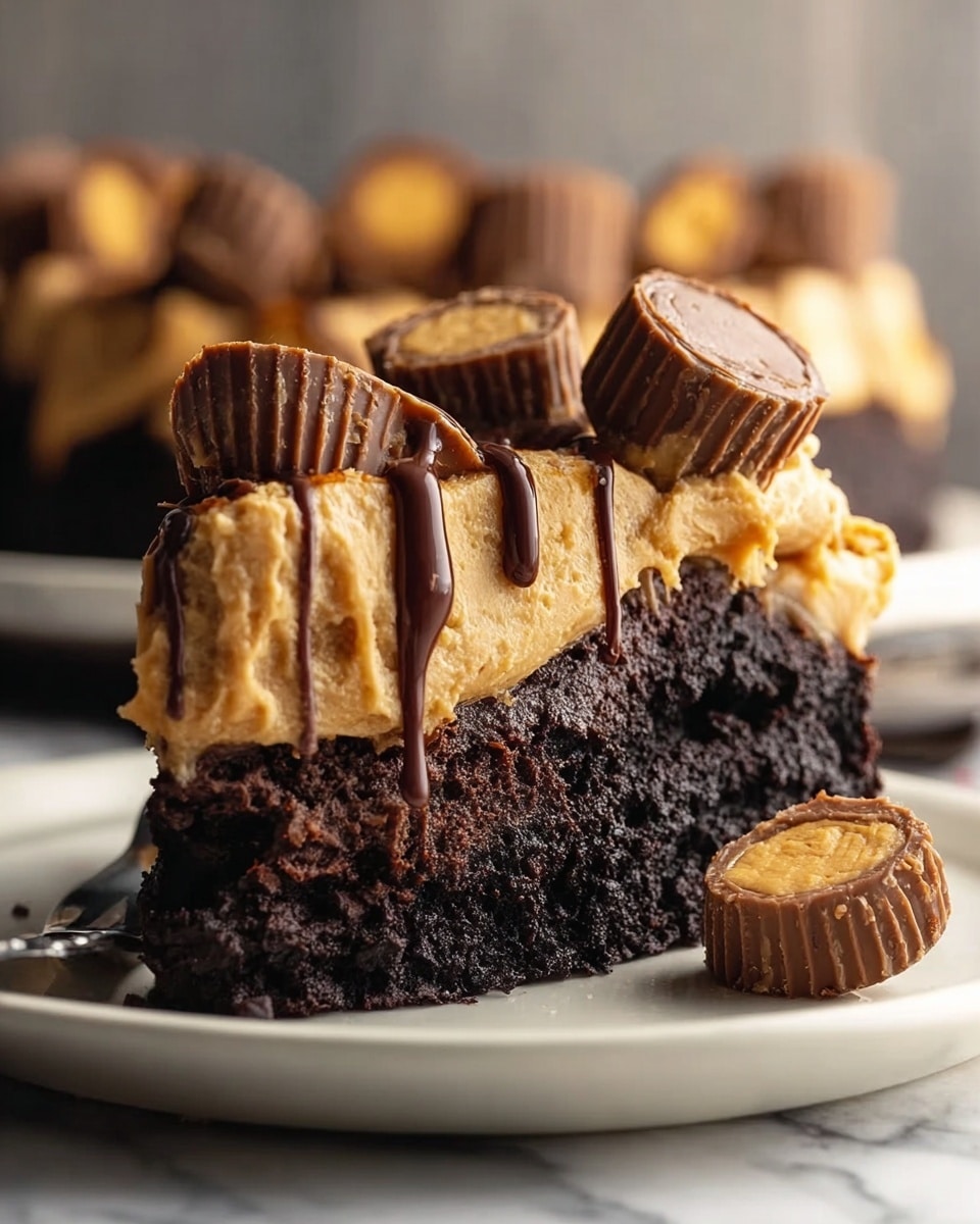 The image shows a slice of dark brown, dense chocolate cake as the bottom layer on a white plate with a white marbled texture background. Above the cake is a thick layer of light brown peanut butter frosting with a creamy texture. On top, there are small peanut butter cups placed upside down, each covered with a drizzle of melted dark chocolate that runs down the sides. One peanut butter cup is lying next to the slice on the plate. The lighting focuses on the rich textures of the cake and frosting, highlighting the smooth and rough contrasts in the dessert. Photo taken with an iphone --ar 4:5 --v 7