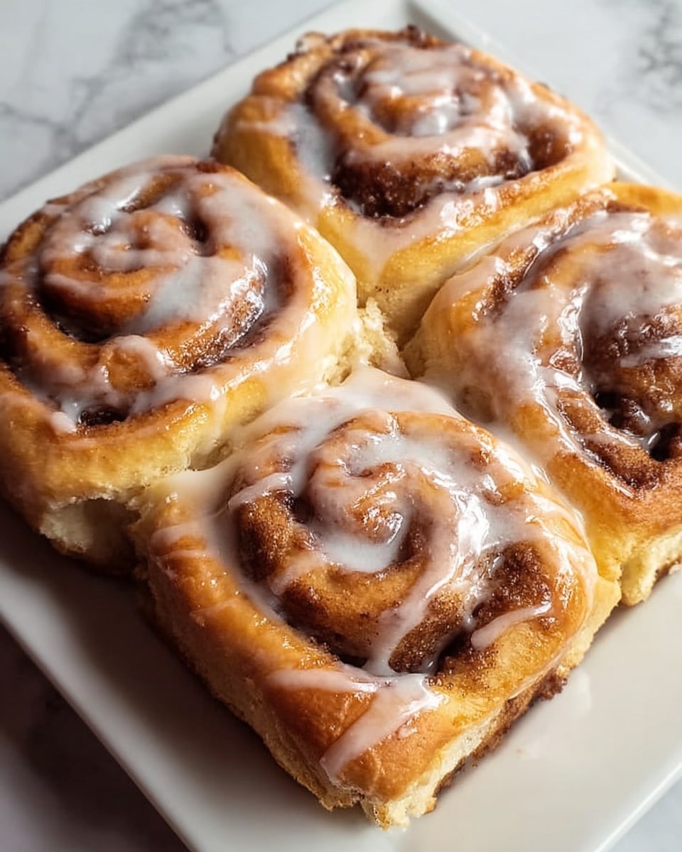 The image shows a close-up of soft cinnamon rolls arranged in a 2 by 2 pattern on a white square plate. Each roll has a golden-brown outer layer with swirls of dark brown cinnamon filling visible inside. A shiny white icing is drizzled thinly but evenly on top, coating the soft dough and cinnamon spirals lightly. The rolls' texture looks fluffy and moist with a slight gloss from the glaze. The plate rests on a white marbled surface, adding a clean background to the warm baked goods. photo taken with an iphone --ar 4:5 --v 7