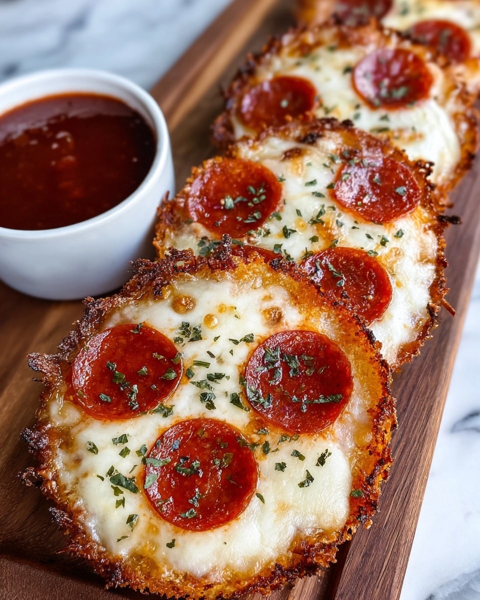 Four round mini pizzas are placed in a row on a brown wooden board, each topped with a crispy, golden-brown crust that looks crunchy and slightly uneven. On top of the crust, there is a thick layer of melted white cheese, which is soft and smooth, with some golden spots around the edges. Each pizza has several shiny, bright red pepperoni slices evenly spread across the cheese, glistening with a slight oily texture. Small green herb flakes are sprinkled over the pizzas and pepperoni, adding color and texture. On the left side, there is a white cup filled with dark red marinara sauce, showing some texture in the sauce. The surface beneath the wooden board is a white marbled texture. photo taken with an iphone --ar 4:5 --v 7