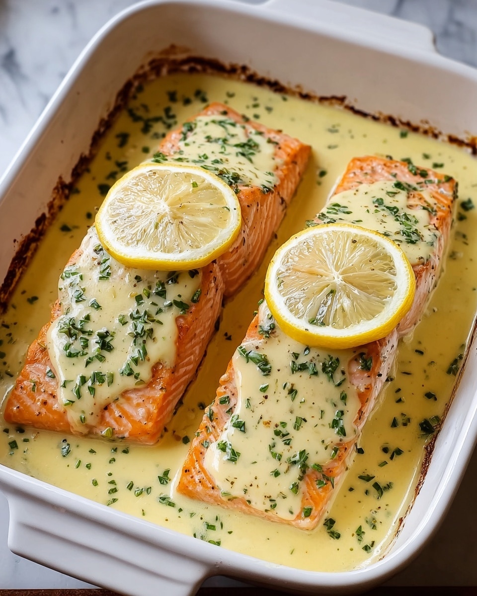 Two cooked salmon fillets with a light orange color and flaky texture sit in a white square baking dish. Each fillet is topped with a smooth, creamy yellow sauce sprinkled with finely chopped green herbs, and two thin lemon slices rest on top of each piece. The sauce covers the bottom of the baking dish and pools around the salmon, showing some herbs mixed in. The edges of the baking dish show slight browning from cooking. The dish is placed on a surface with a white marbled texture. Photo taken with an iphone --ar 4:5 --v 7