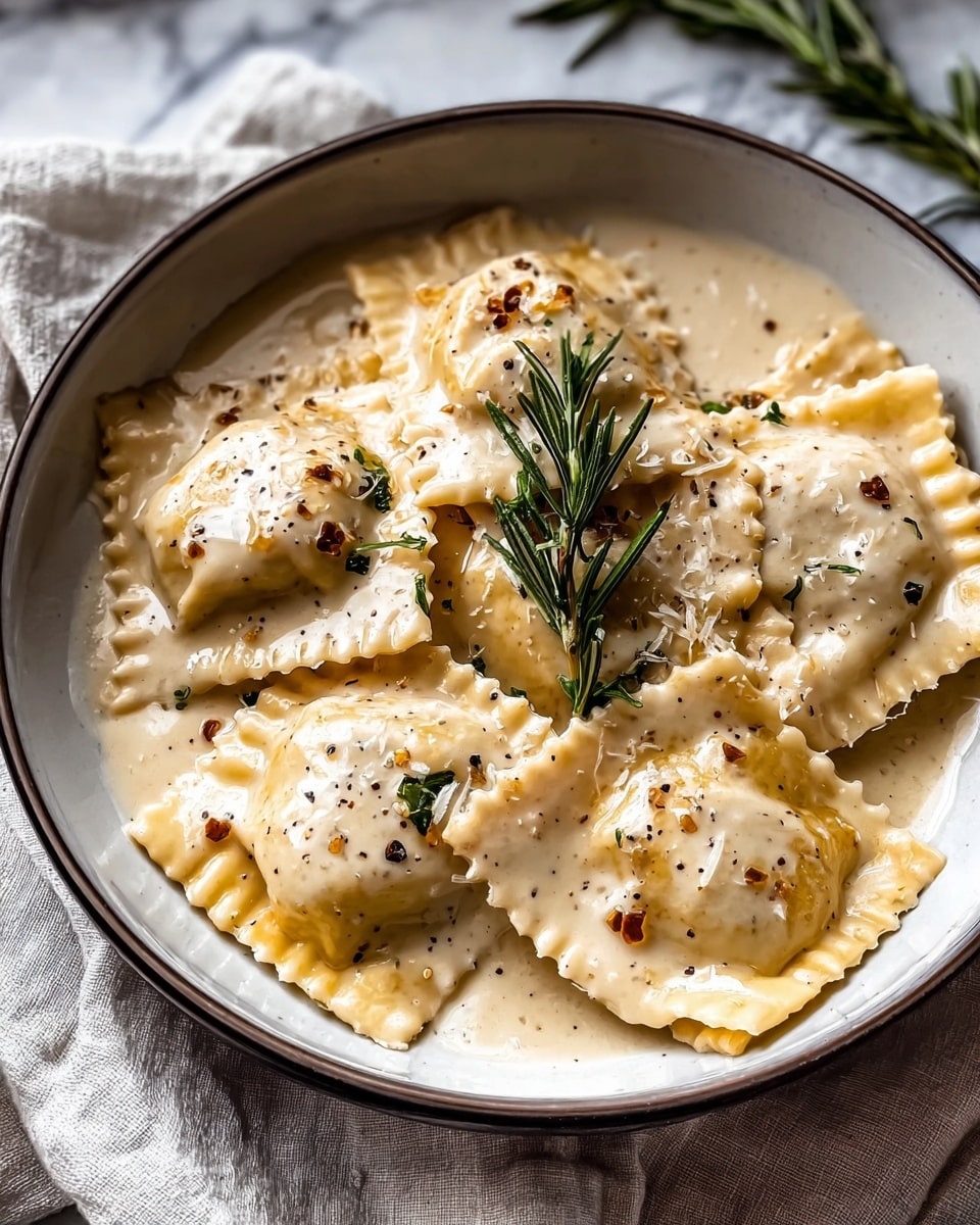 A close-up image of a white bowl filled with seven pieces of square-shaped ravioli with ruffled edges, each ravioli in a creamy white sauce speckled with cracked black pepper. On top of the ravioli is a sprinkling of grated cheese and golden brown toasted crumbs, with a small sprig of green rosemary placed in the center as garnish. The bowl is set on a white marbled surface with a piece of garlic and silver cutlery visible in the blurred background. Photo taken with an iphone --ar 4:5 --v 7