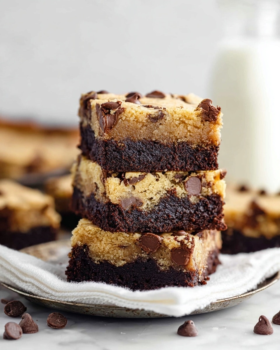The image shows close-up of stacked dessert bars with two visible layers; the bottom layer is thick, dark brown, and fudgy, while the top layer is a light tan cookie dough with scattered chocolate chips and a crumbly, slightly rough texture. The bars are cut into squares with clean edges and are set on a white marbled surface, with some chocolate chips scattered around. A piece of white linen fabric is placed under the front bar, adding soft texture to the scene. The photo taken with an iphone --ar 4:5 --v 7