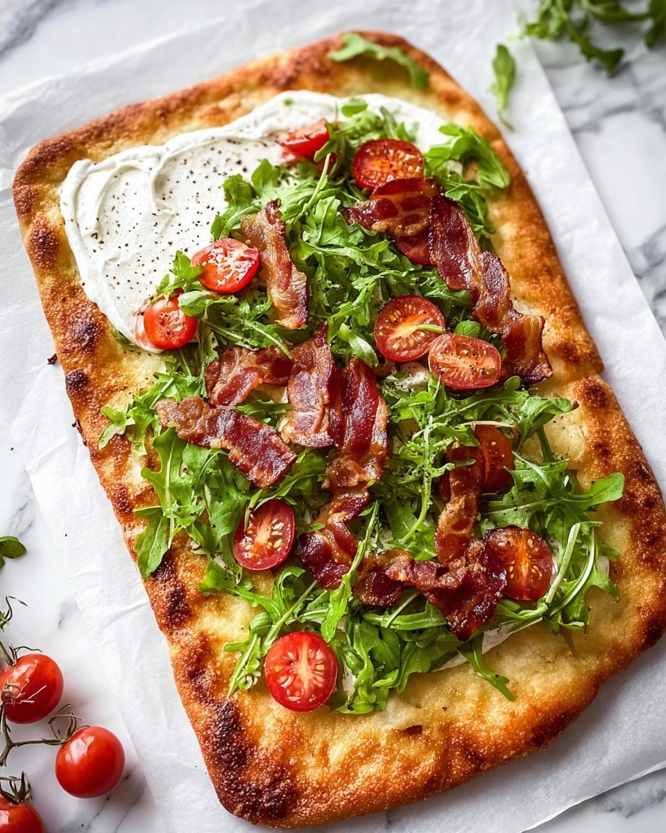 A grilled sandwich is shown with two layers of golden brown toasted flatbread that has dark grill lines across the top. The bottom layer has a creamy white spread with bits of green herbs, followed by a fresh bright green leaf of lettuce and a thick slice of red tomato. On top of the tomato is a crispy strip of bacon with a reddish-brown color, then another slice of tomato with white creamy spread dotted with small green herbs, and finally the top piece of grilled flatbread. The sandwich is placed on a white marbled surface with some scattered green herbs and crumbs around it. photo taken with an iphone --ar 4:5 --v 7