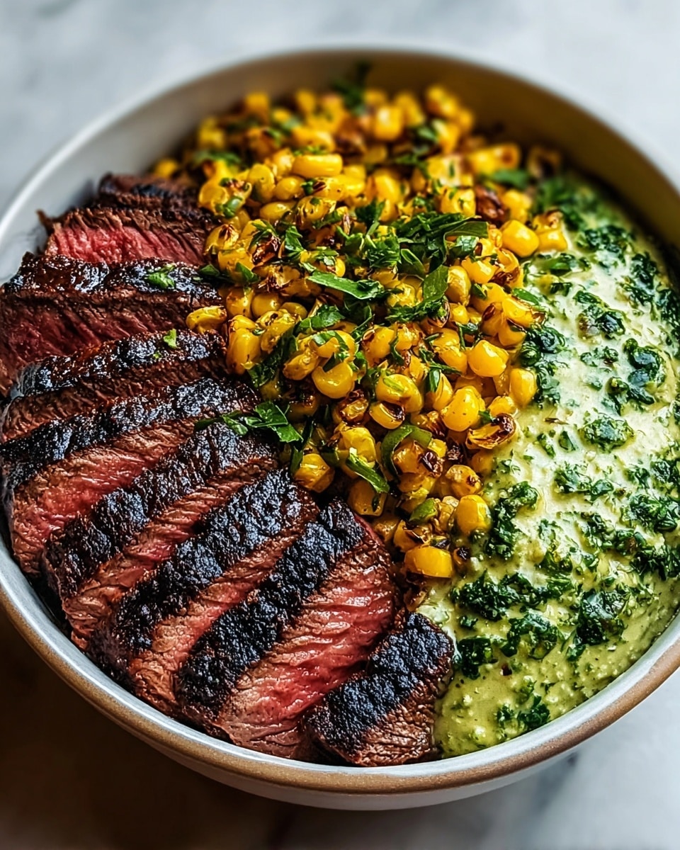 A bowl with four main sections arranged closely together: the first section has thick slices of medium-rare steak with a dark brown grilled crust and a pink center, lying flat and slightly overlapping; next to it are two large slices of fresh green avocado, creamy and smooth with some green herbs sprinkled on top; the third section contains bright yellow grilled corn kernels with charred black spots and small green herb bits scattered across; the last section has a thick swirl of creamy white sauce mixed with finely chopped green herbs, giving it a speckled green texture. The bowl sits on a white marbled surface. Photo taken with an iphone --ar 4:5 --v 7