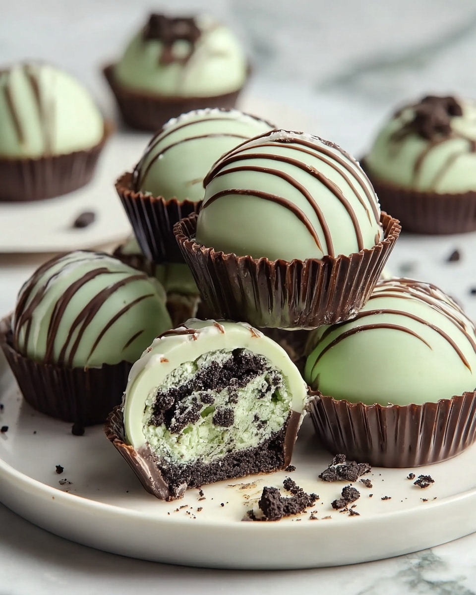 The image shows several round cake pops coated in smooth white chocolate, each decorated with green sugar sprinkles on top. One cake pop is bitten, revealing a dark chocolate crumb inside. Behind the cake pops, there is a small stack of chocolate sandwich cookies with green filling in the middle, arranged vertically against a white marbled background. photo taken with an iphone --ar 4:5 --v 7