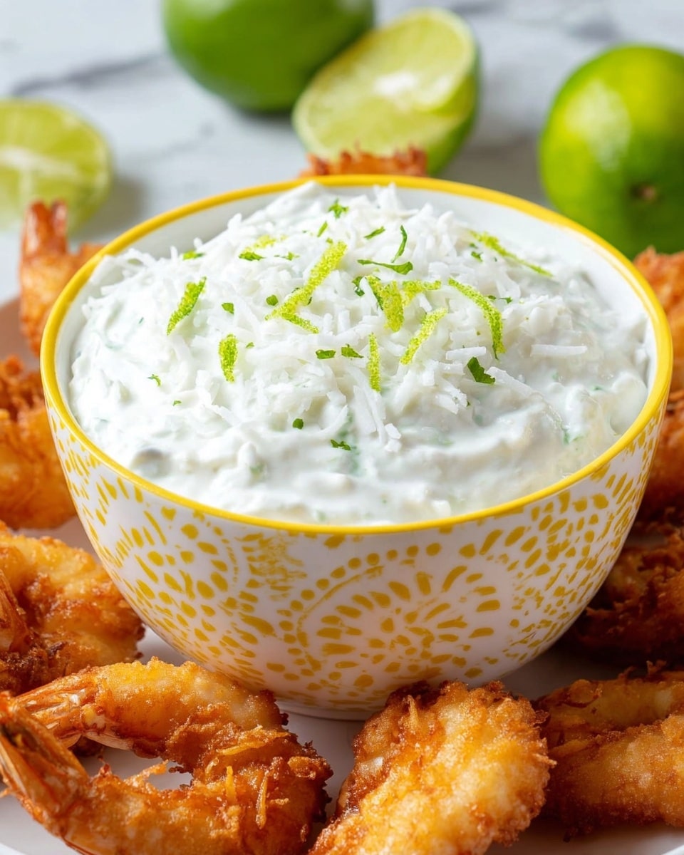A white bowl with yellow pattern and rim filled with white creamy dip topped with white shredded coconut and small green lime zest pieces, placed in the center of the image on a white marbled surface. Surrounding the bowl are several pieces of golden-brown crispy fried shrimp, arranged in a circle around it. In the background, there are whole green limes and lime halves slightly out of focus. Photo taken with an iphone --ar 4:5 --v 7