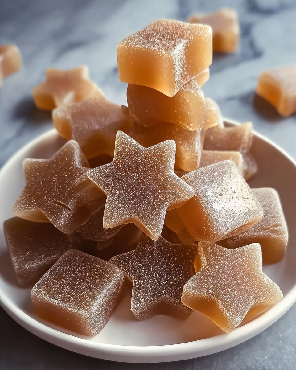 Close-up of many small star-shaped gummy candies piled on a white plate, showing their translucent light amber color and slightly frosted texture on top, each candy having four rounded points and a smooth, gel-like surface, with some candies stacked and others spread out, all set on a white marbled surface. photo taken with an iphone --ar 4:5 --v 7