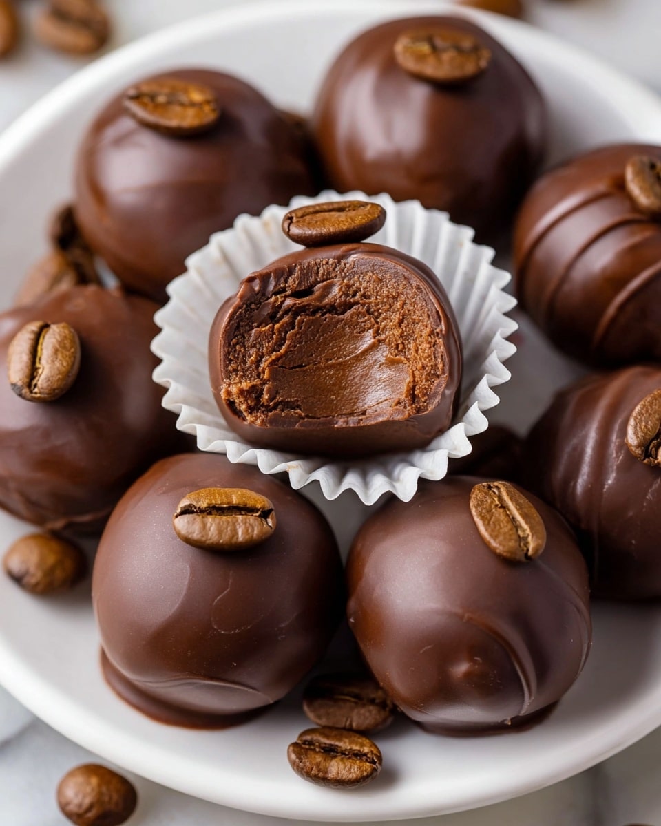 A white plate filled with round chocolate truffles evenly coated in smooth, glossy dark chocolate. Each truffle is topped with two coffee beans placed closely together on the very top, adding texture and color contrast. In the center, one truffle sits in a white paper cup with a bite taken out, showing a creamy, rich, dark brown chocolate filling inside. Scattered coffee beans fill the gaps between the truffles on the plate, which rests on a white marbled surface background. photo taken with an iphone --ar 4:5 --v 7