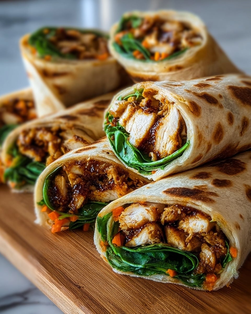 The image shows a grilled wrap cut in half and stacked, placed on a white marbled surface. The wrap is golden brown with char marks. Inside each half, the visible layers include fresh green leafy spinach at the outer layer, followed by chunks of white grilled chicken mixed with a reddish-brown sauce or seasoning that looks slightly sticky and textured. Some green lettuce leaves are visible beside the wrap on the side. photo taken with an iphone --ar 4:5 --v 7