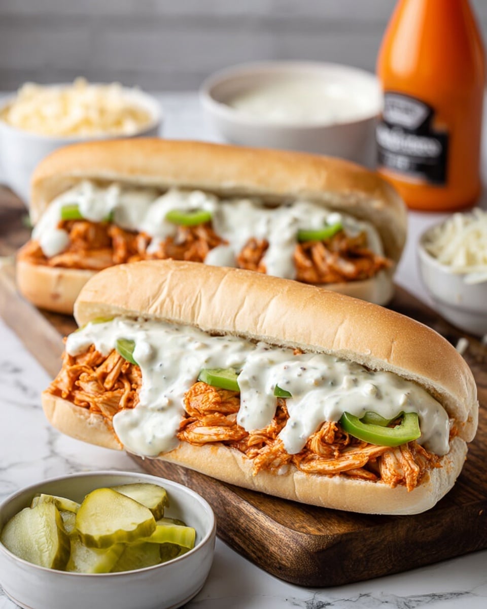 Two sandwiches are placed on a wooden board with white marbled background. Each sandwich has a white long bun filled with shredded, saucy orange chicken as the bottom layer, topped with green pepper slices, and a thick drizzle of creamy white ranch dressing on top. Around the sandwiches, there are small white bowls filled with ranch dressing and shredded cheese, along with some sliced green pickles at the bottom right. An orange bottle is blurred in the back right. The photo has a soft, natural light. photo taken with an iphone --ar 4:5 --v 7